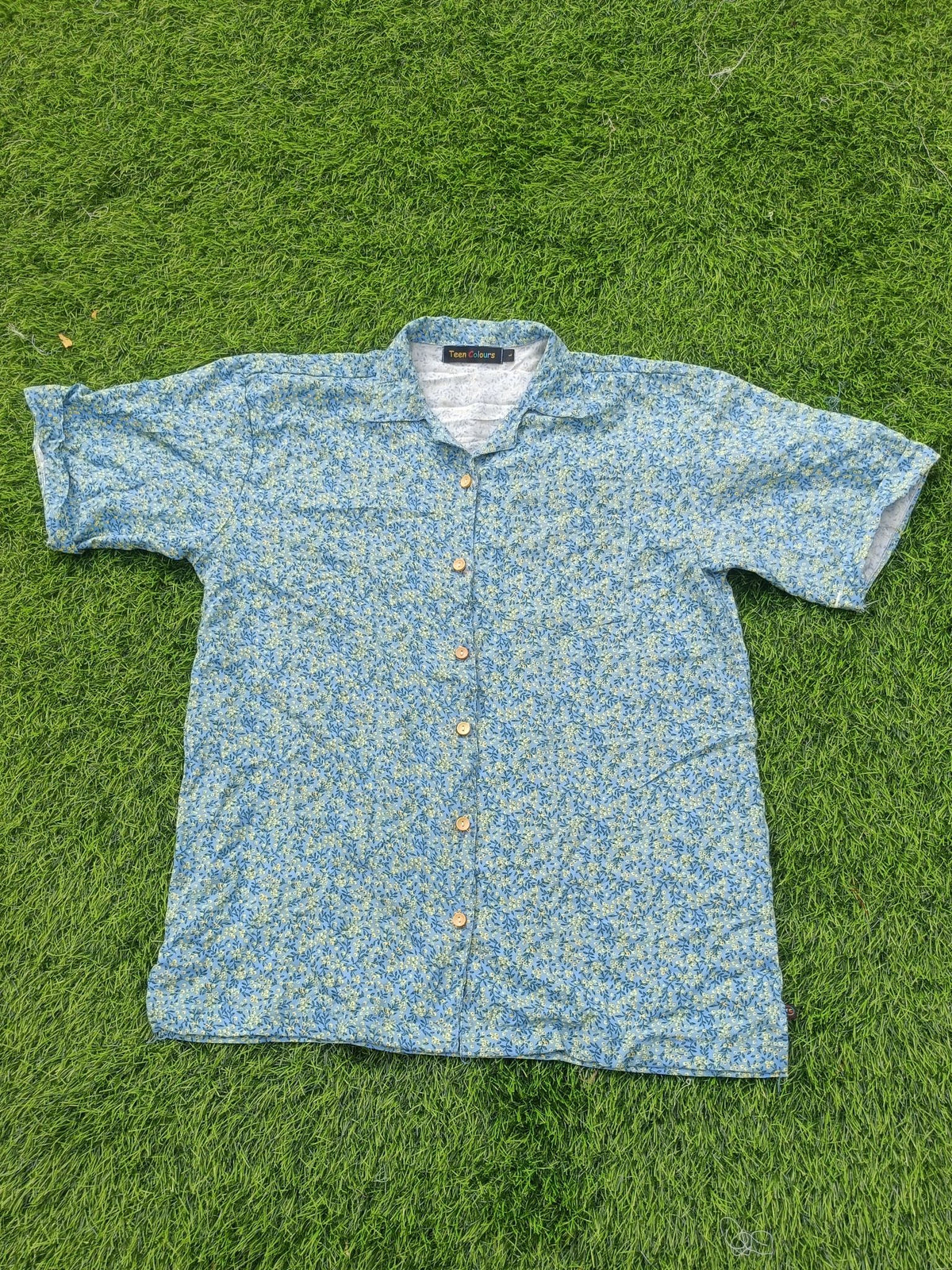 teen colours Ladies light blue and yellow (with green stem and leaf accents)baggy box cut rayon shirt with chest pocket