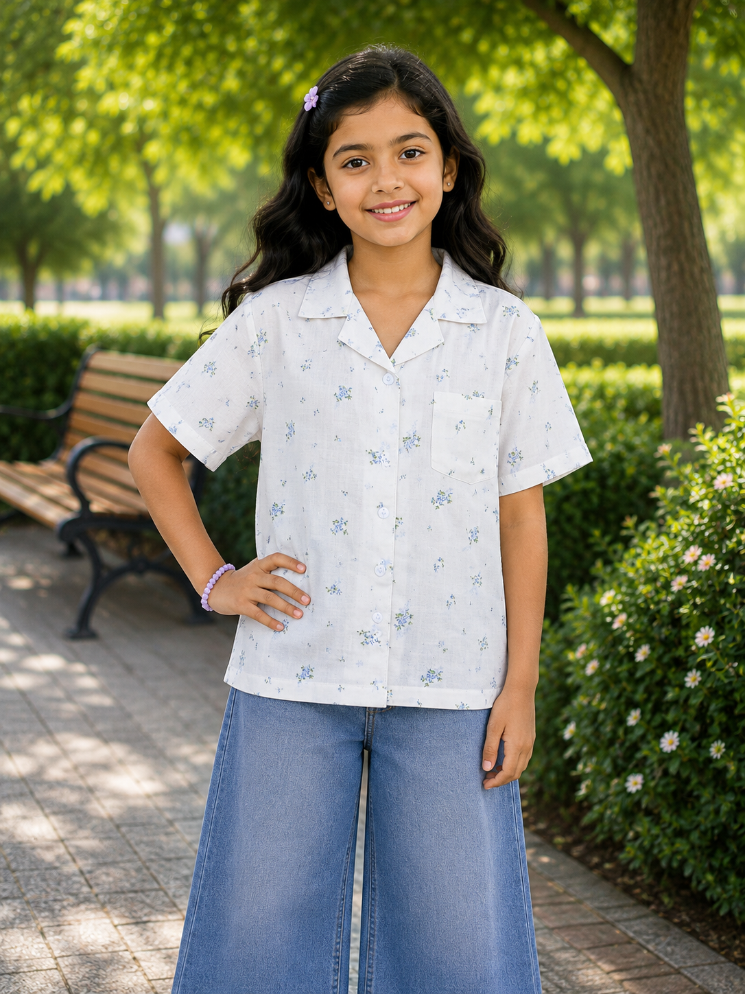 Teen Colours Kids White base decorated with  soft blue blossoms and green leaf accents, Cuban Collar cotton Baggy Shirt