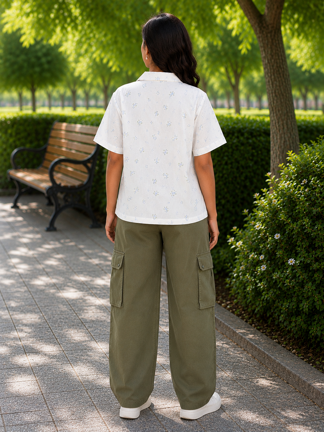 Teen Colours Kids White base decorated with  soft blue blossoms and green leaf accents, Cuban Collar cotton Baggy Shirt