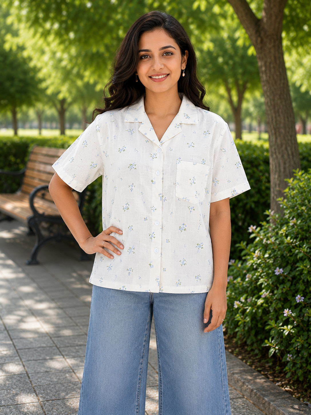Teen Colours Kids White base decorated with  soft blue blossoms and green leaf accents, Cuban Collar cotton Baggy Shirt