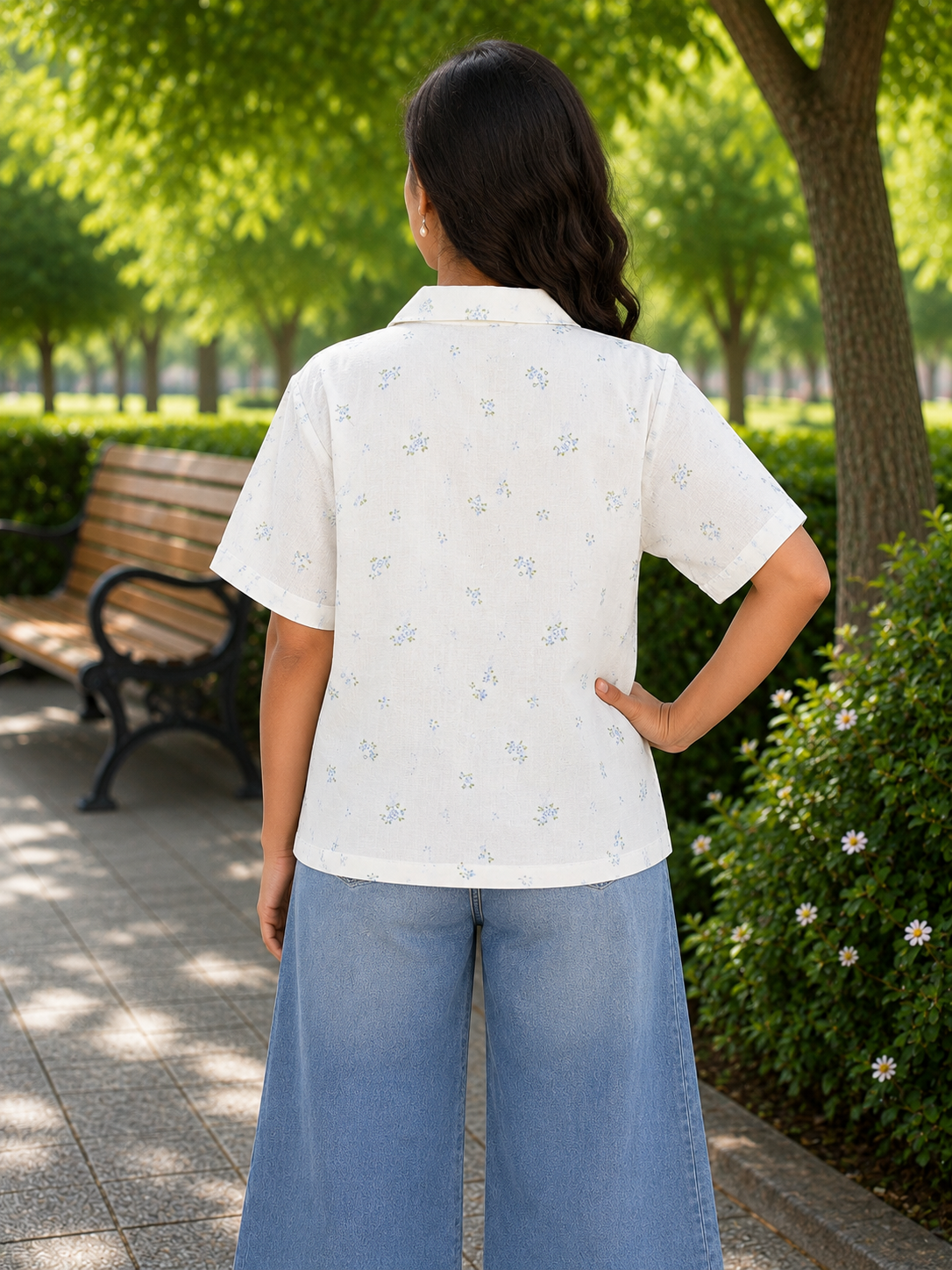 Teen Colours Kids White base decorated with  soft blue blossoms and green leaf accents, Cuban Collar cotton Baggy Shirt