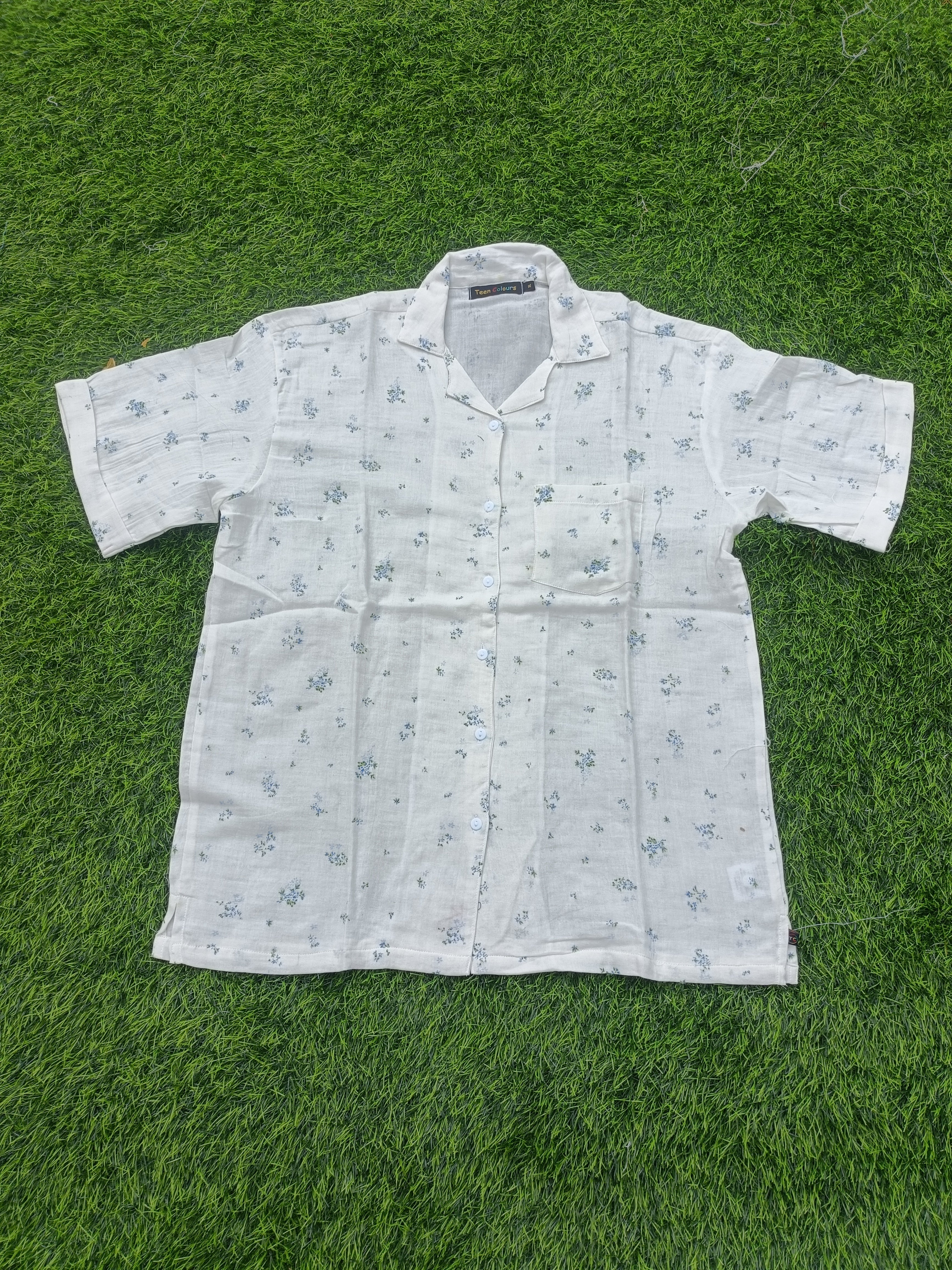 Teen Colours Kids White base decorated with  soft blue blossoms and green leaf accents, Cuban Collar cotton Baggy Shirt