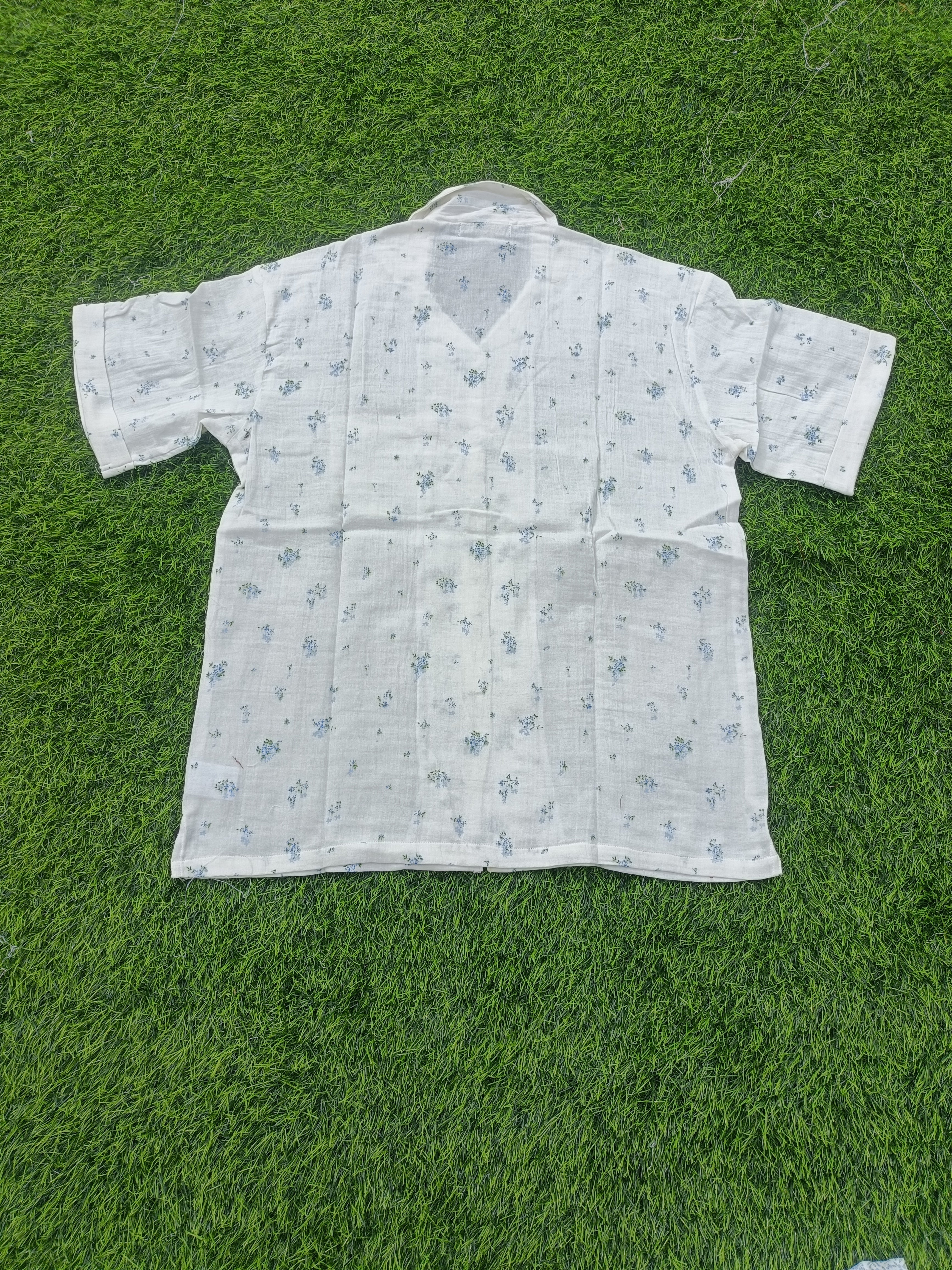 Teen Colours Kids White base decorated with  soft blue blossoms and green leaf accents, Cuban Collar cotton Baggy Shirt