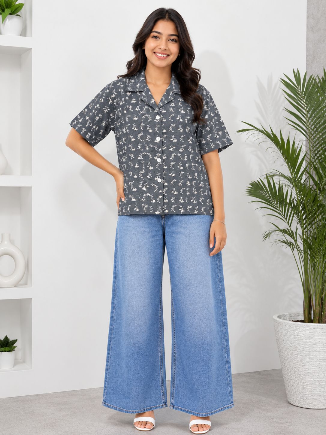 Women’s Dark Grey Floral Print Box-Cut cotton Baggy Shirt