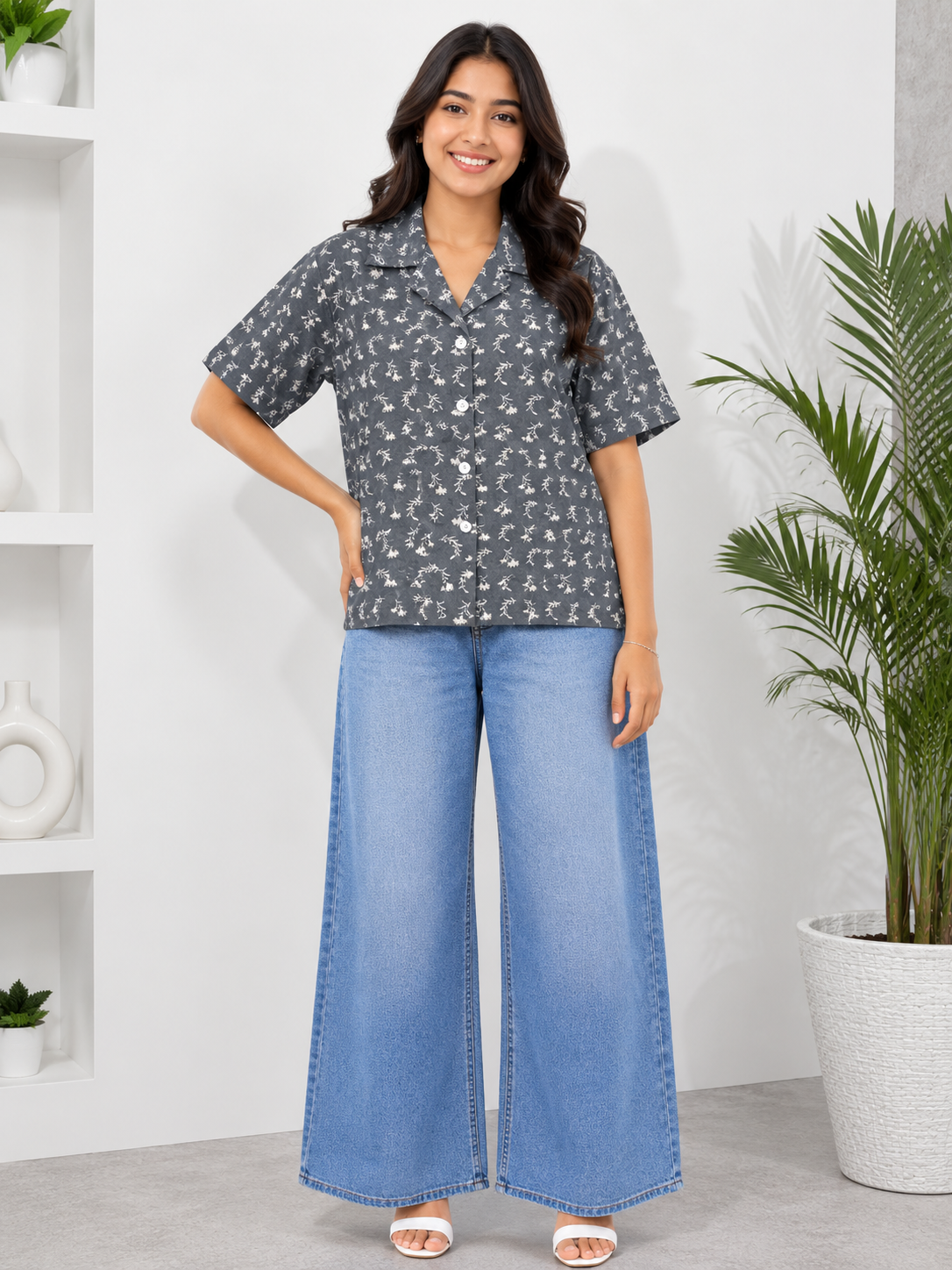 Women’s Dark Grey Floral Print Box-Cut cotton Baggy Shirt