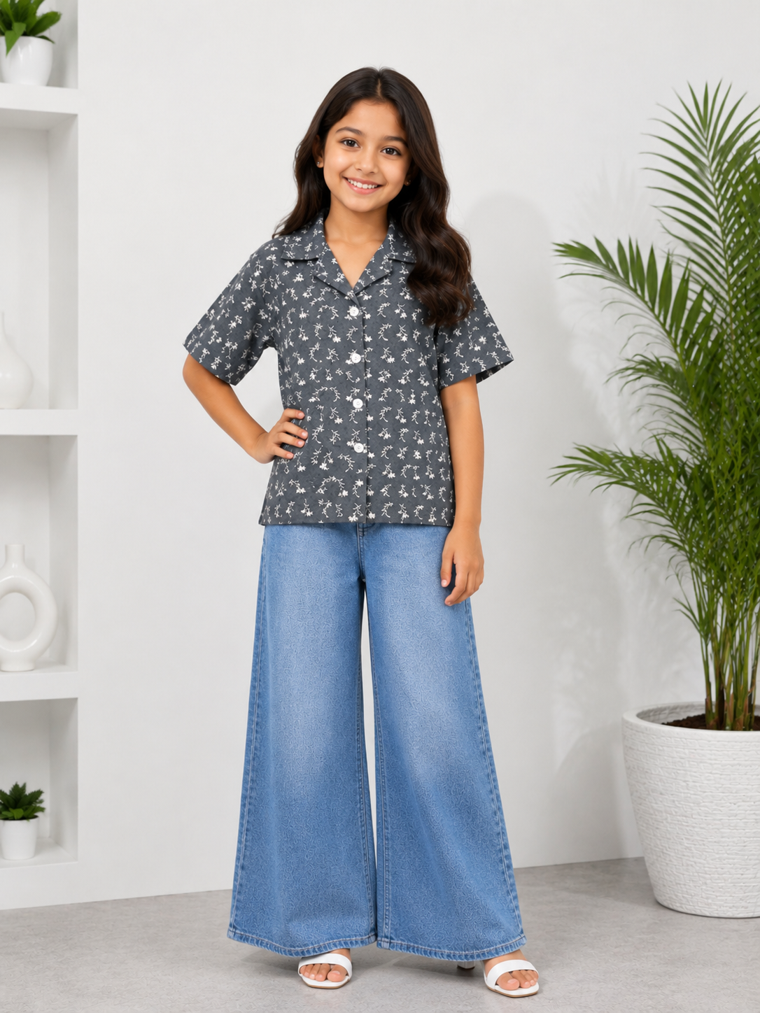 Women’s Dark Grey Floral Print Box-Cut cotton Baggy Shirt