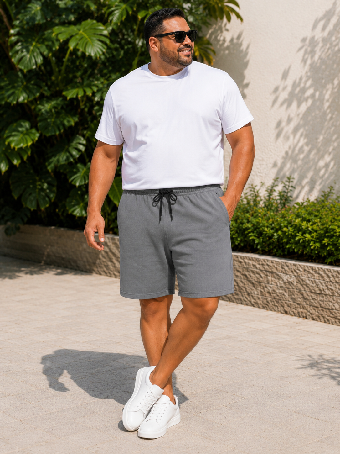 Men's Dark Grey Knitted Comfort Shorts with Zipper Pockets and Adjustable Waist