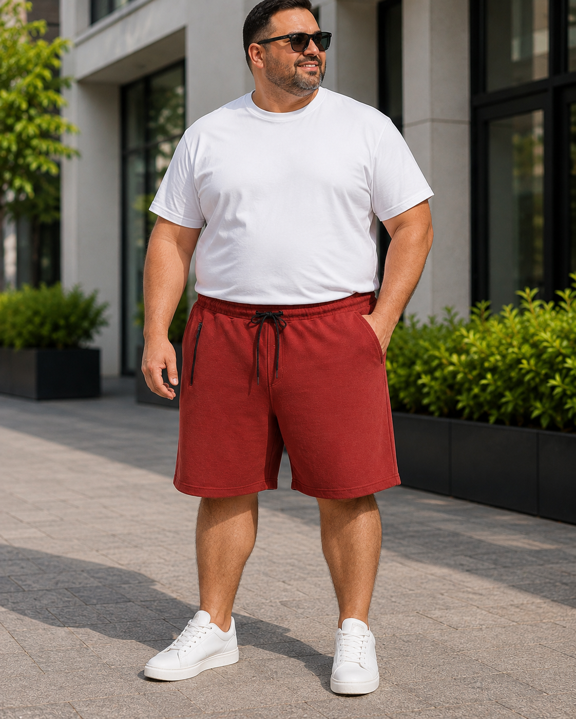 Men's Maroon Knitted Comfort Shorts with Zipper Pockets and Adjustable Waist