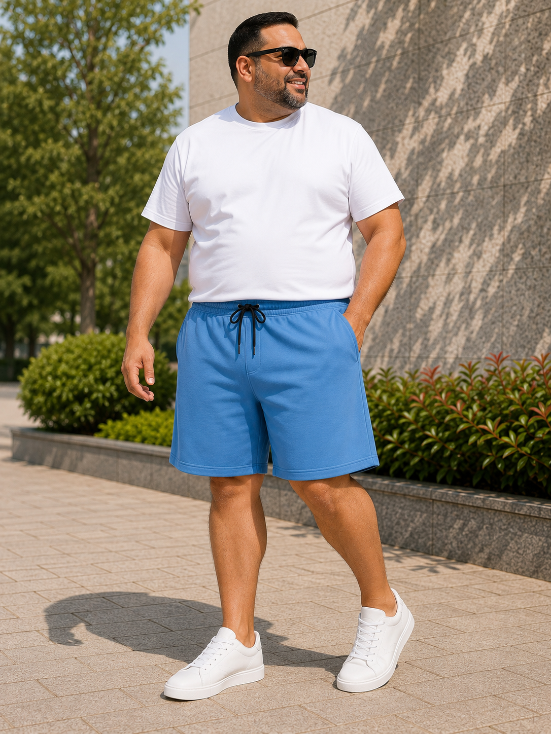 Men's Blue Knitted Comfort Shorts with Zipper Pockets and Adjustable Waist