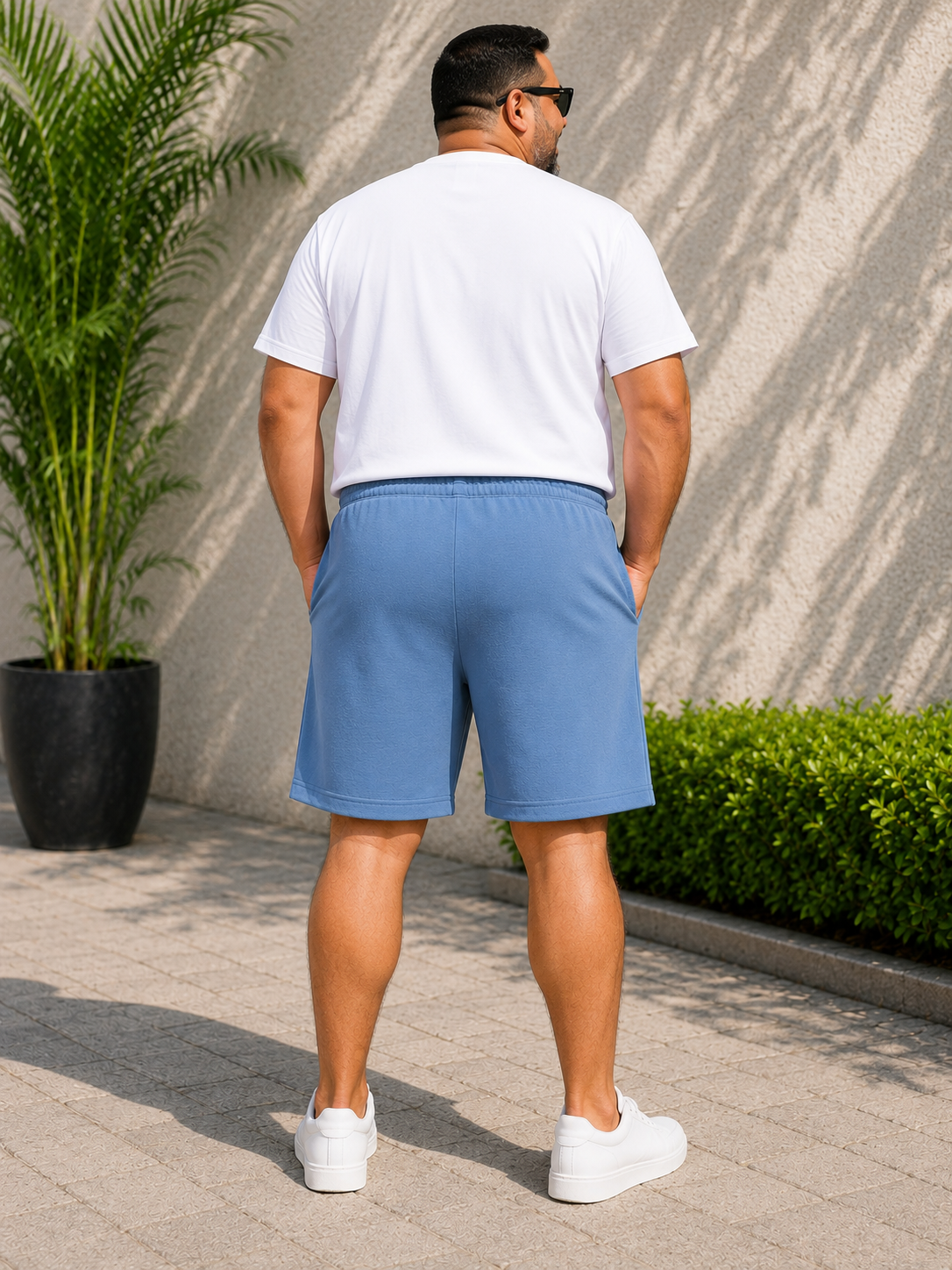 Men's Slate Blue Knitted Comfort Shorts with Zipper Pockets and Adjustable Waist