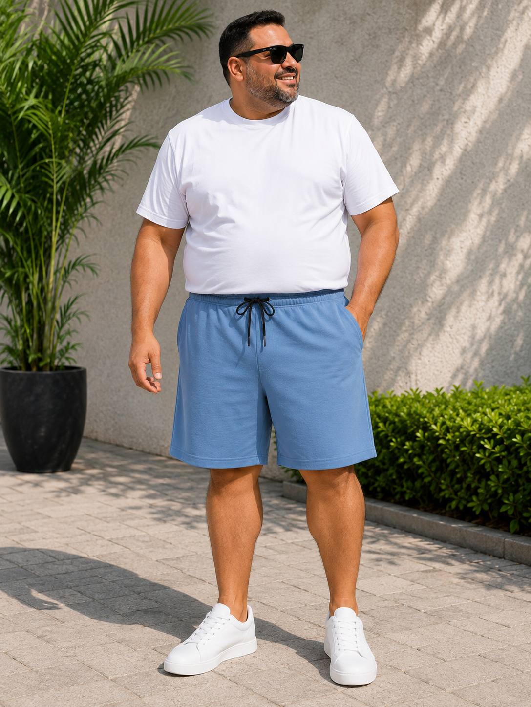 Men's Slate Blue Knitted Comfort Shorts with Zipper Pockets and Adjustable Waist