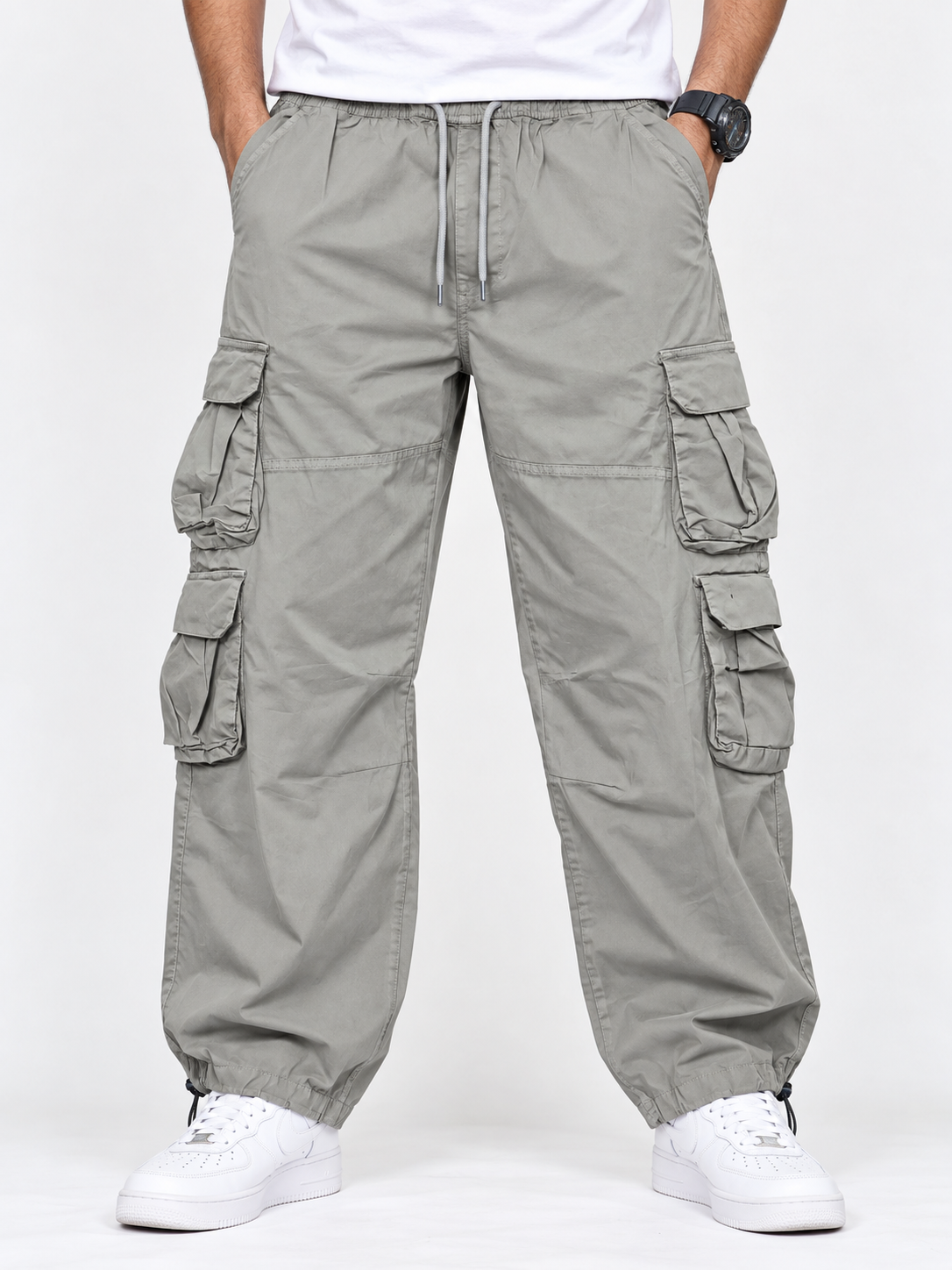 Men's Olive green  8 Pocket Balloon Fit Cargo Pants with Drawstring Elastic Waist and Bottom Adjustable Elastic Light Weight Trousers