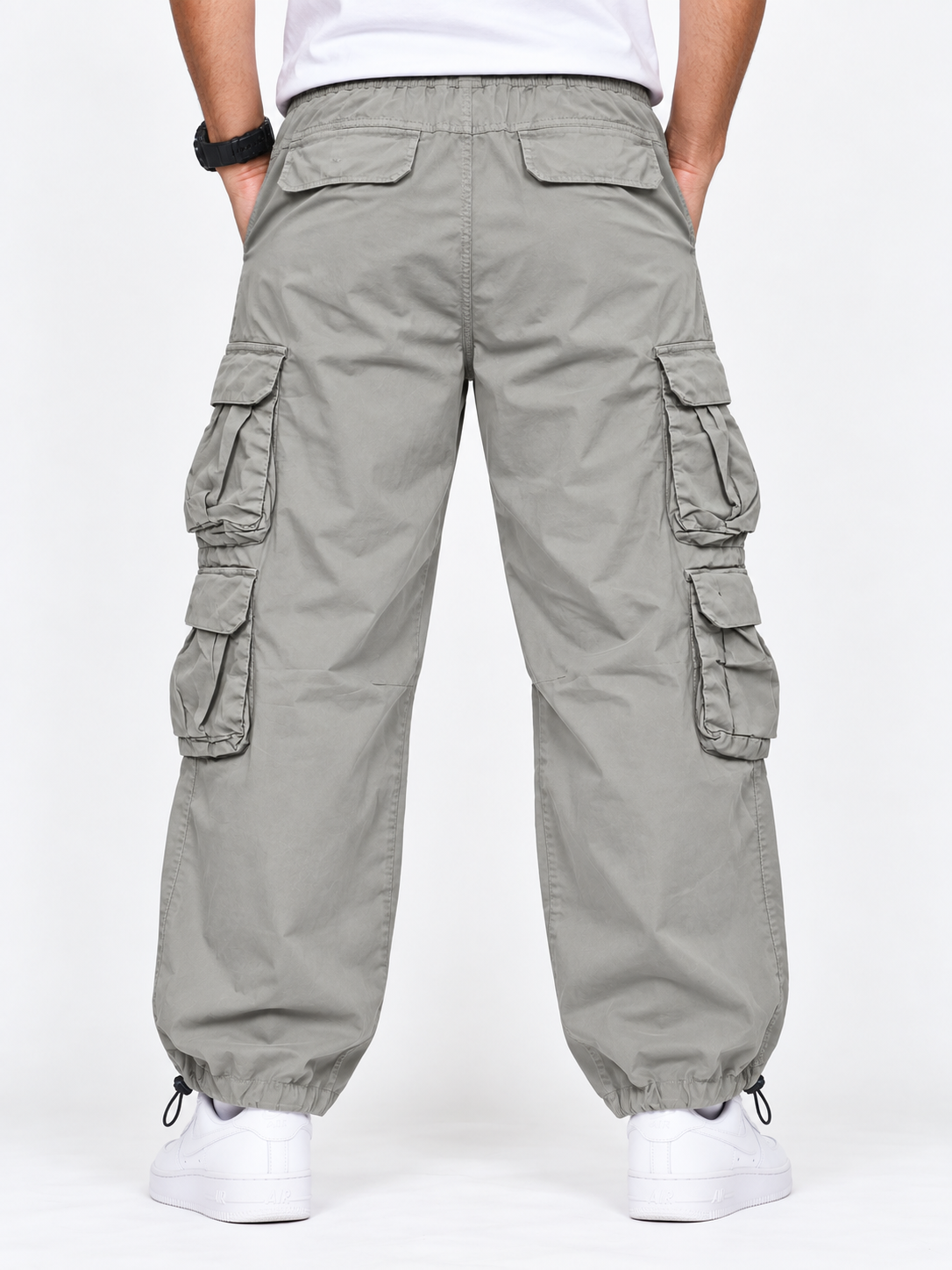Men's Olive green  8 Pocket Balloon Fit Cargo Pants with Drawstring Elastic Waist and Bottom Adjustable Elastic Light Weight Trousers