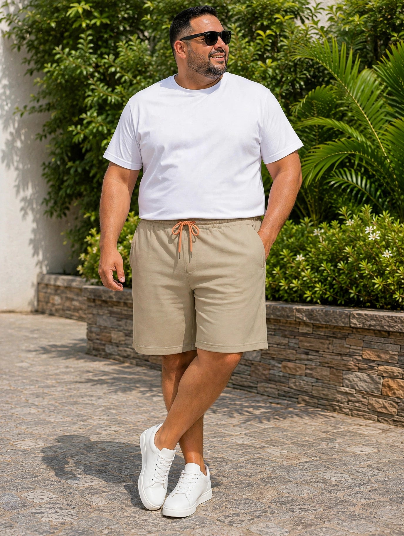 Men's Beige Knitted Comfort Shorts with Zipper Pockets and Adjustable Waist
