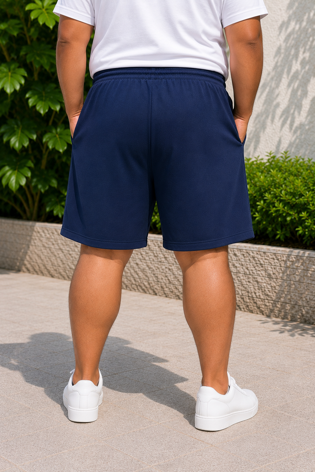 Men's Navy Blue Knitted Comfort Shorts with Zipper Pockets and Adjustable Waist