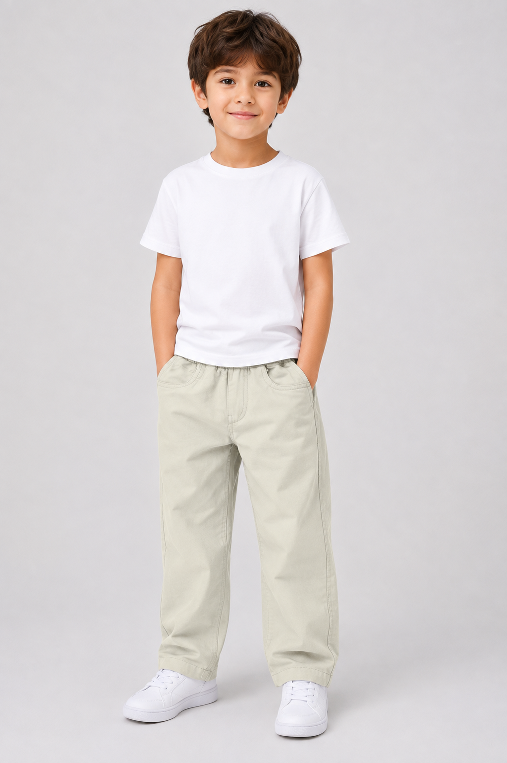 Kids Light Cream Cotton Straight-Fit Elastic Waist Pant with Side Pockets & Back Patch Pocket