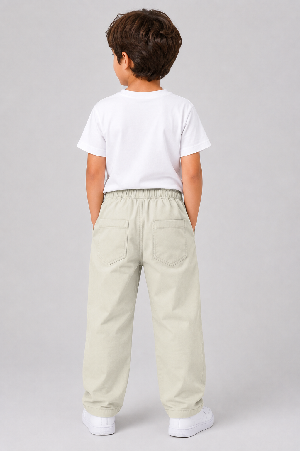 Kids Light Cream Cotton Straight-Fit Elastic Waist Pant with Side Pockets & Back Patch Pocket