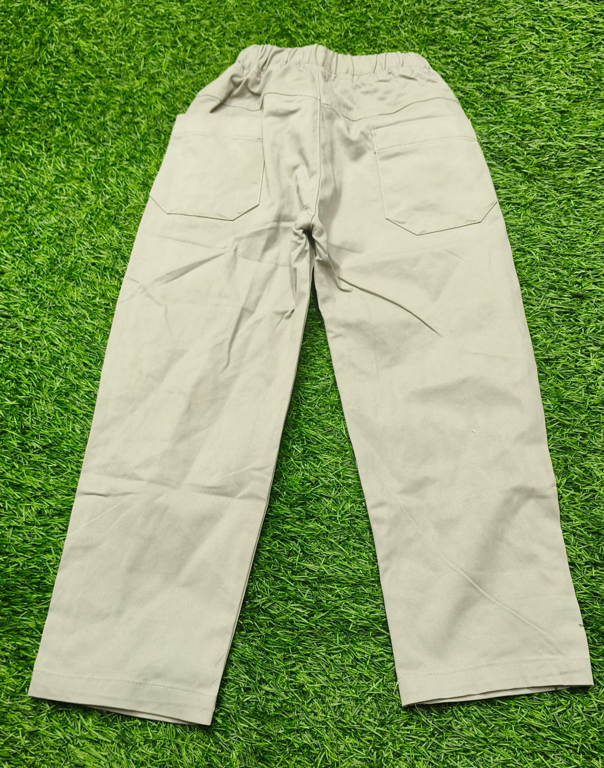 Kids Light Cream Cotton Straight-Fit Elastic Waist Pant with Side Pockets & Back Patch Pocket