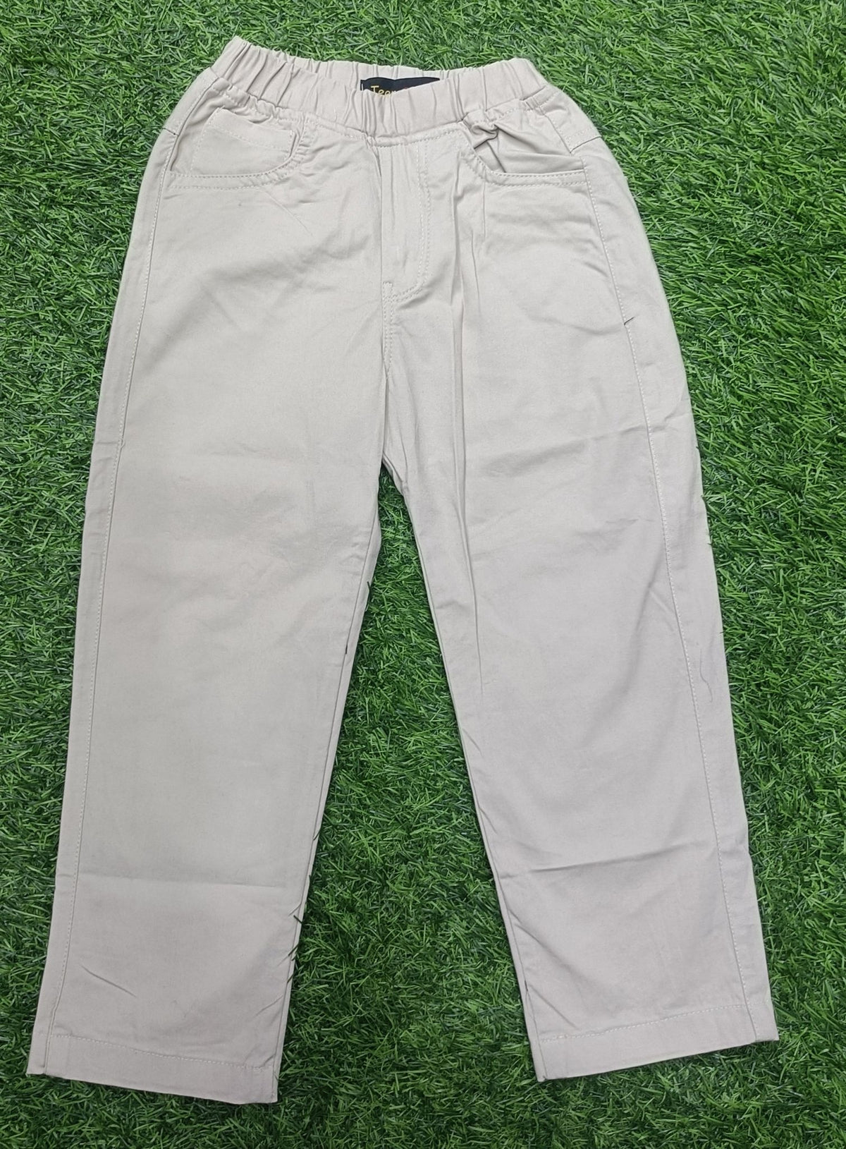 Kids Light Beige Cotton Textured Straight-Fit Elastic Waist Pant with Side Pockets