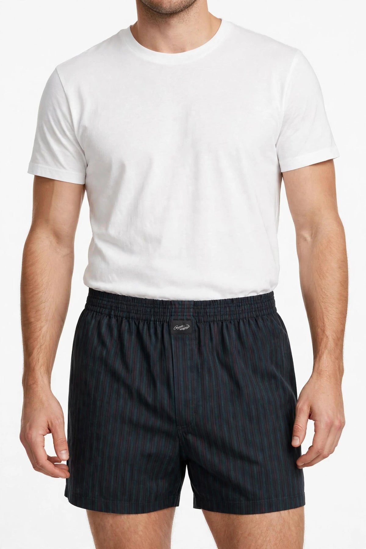 Men’s Charcoal Grey & Bottle Green Striped Cotton Shorts with Elastic Waistband & Side Pockets