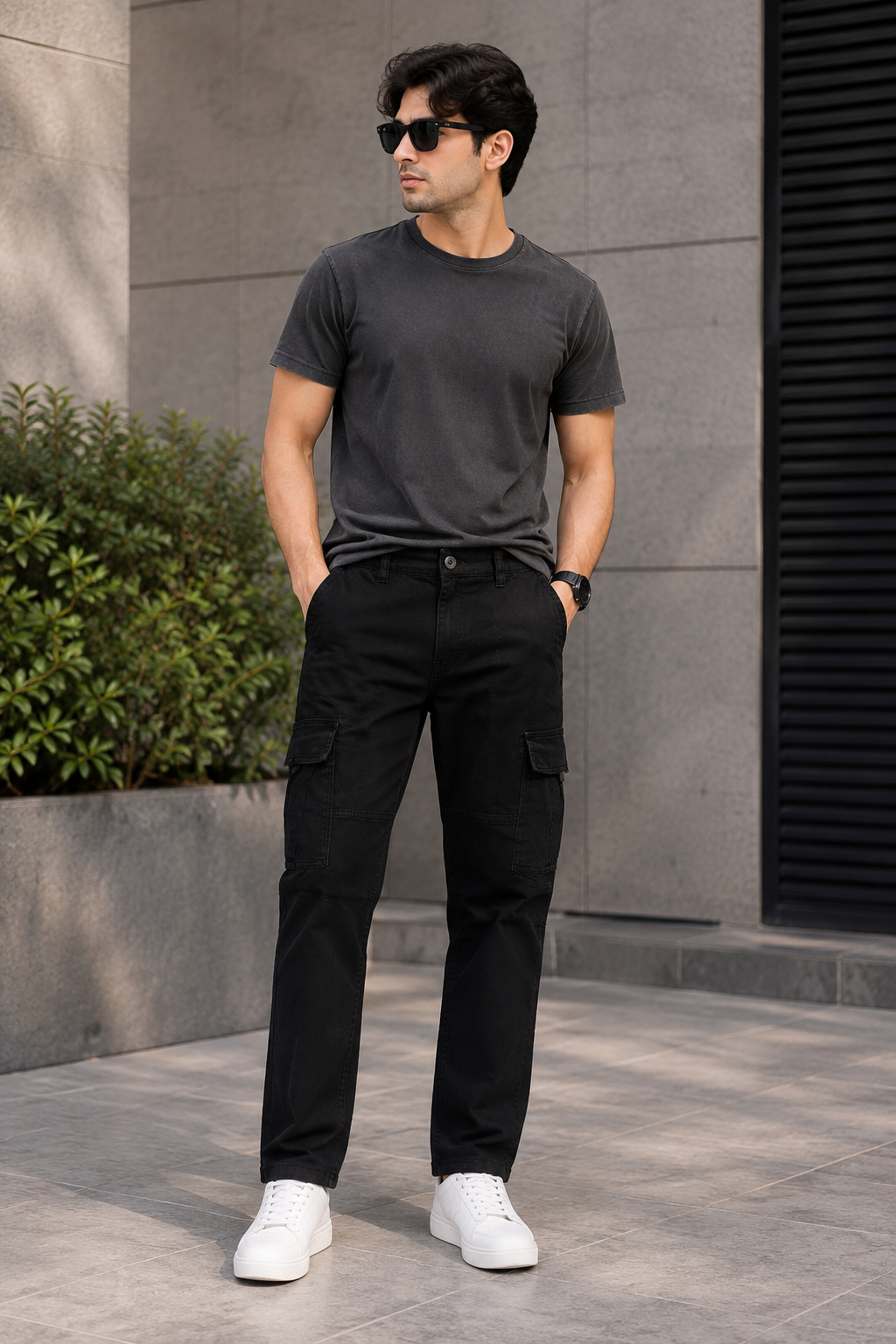 Mens Black color 6 Pocket Slim Fit Cargo Pant