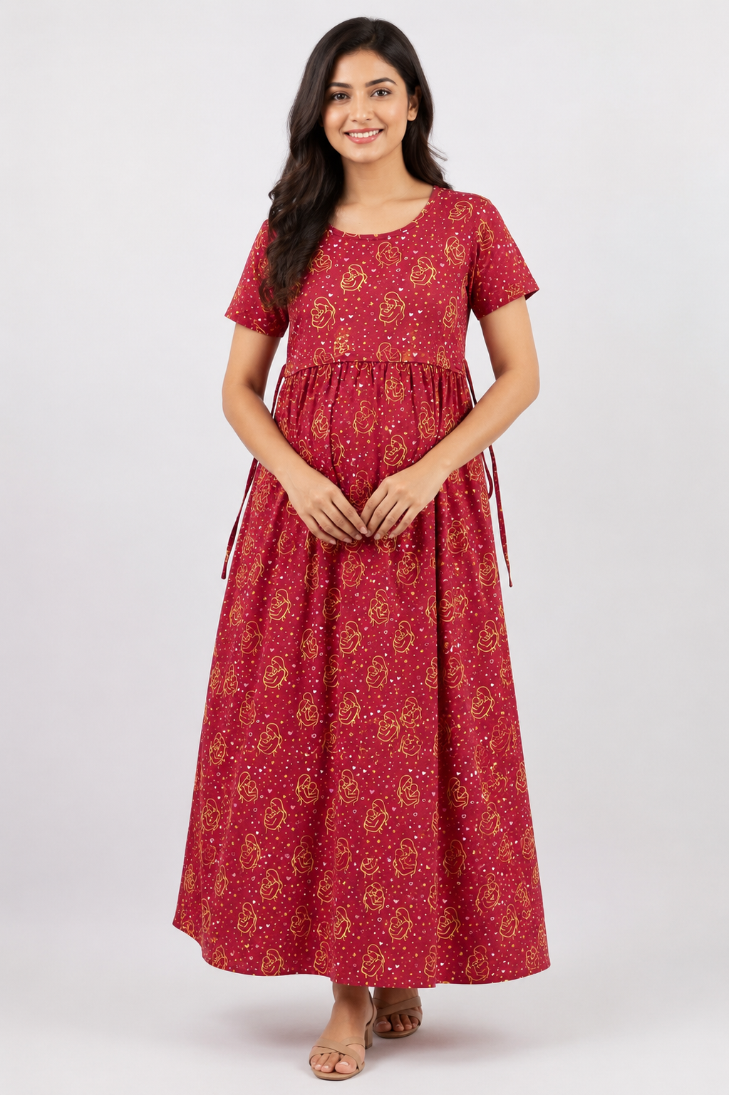 Ladie's Knitted Fabric Maroon Printed Feeding Kurti / Maternity Nighty with Nursing Access & Side Tie-Up