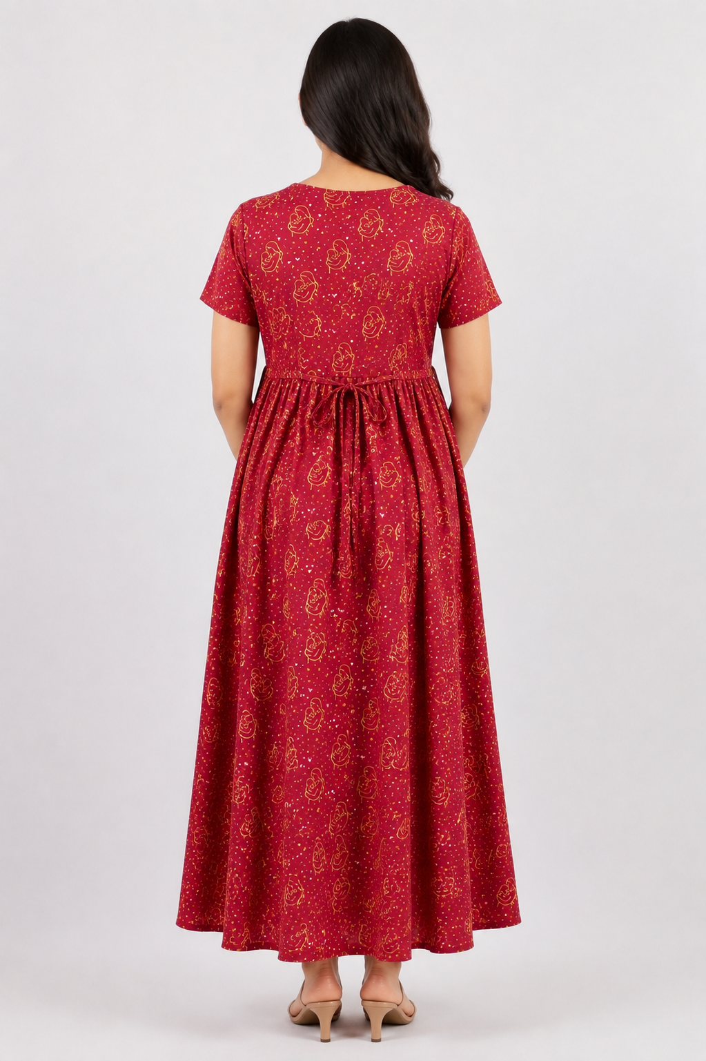 Ladie's Knitted Fabric Maroon Printed Feeding Kurti / Maternity Nighty with Nursing Access & Side Tie-Up