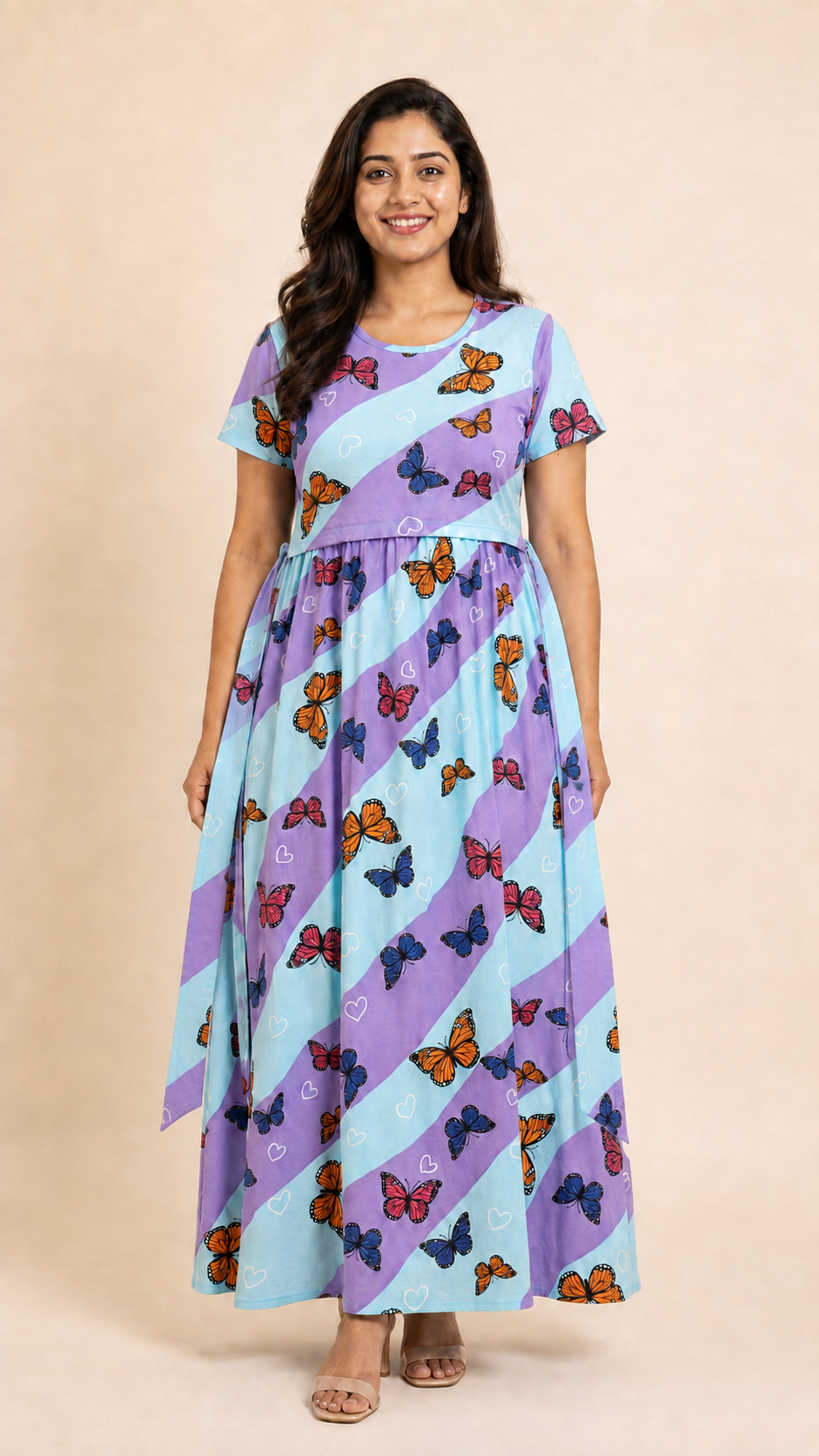 Ladie's Knitted Fabric Sky Blue & Lavender Butterfly Print Feeding Kurti / Maternity Nighty with Concealed Nursing Access
