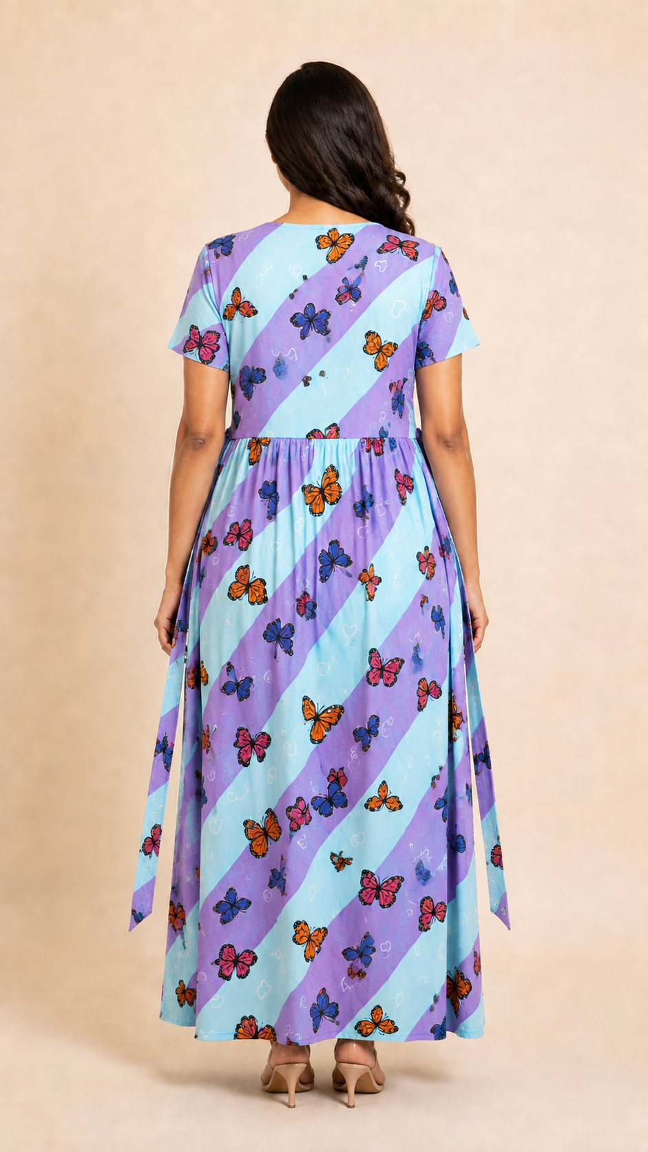 Ladie's Knitted Fabric Sky Blue & Lavender Butterfly Print Feeding Kurti / Maternity Nighty with Concealed Nursing Access
