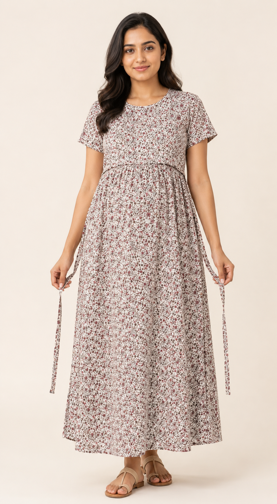 Ladie's Knitted Fabric Cream Floral Print Feeding Kurti with Gathered Waist & Side Tie-Up