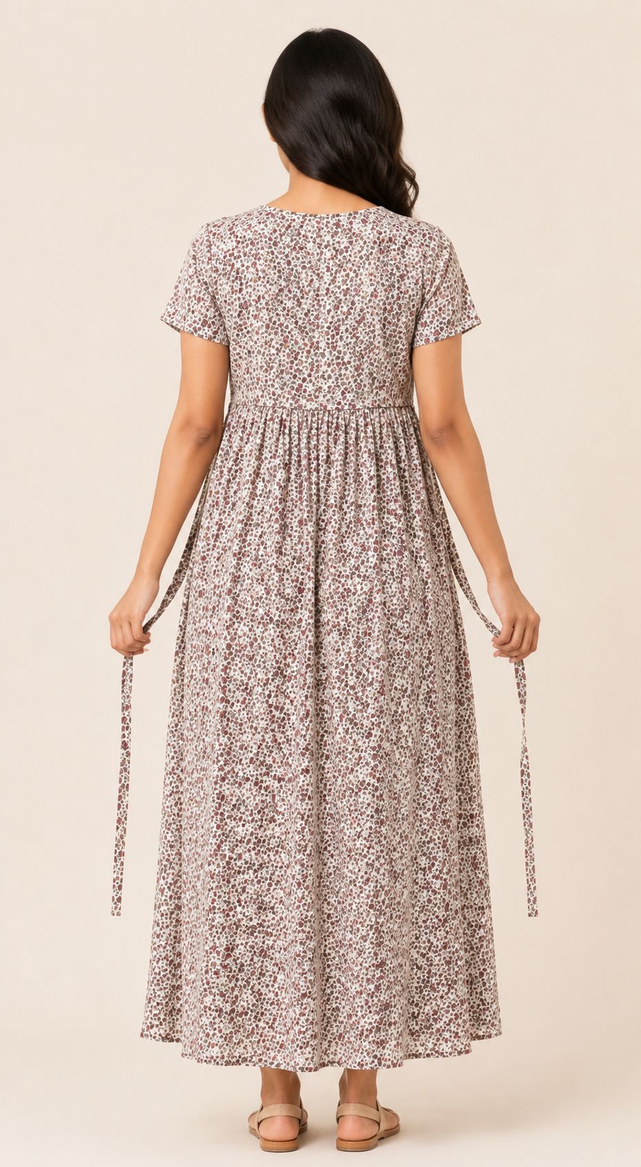 Ladie's Knitted Fabric Cream Floral Print Feeding Kurti with Gathered Waist & Side Tie-Up