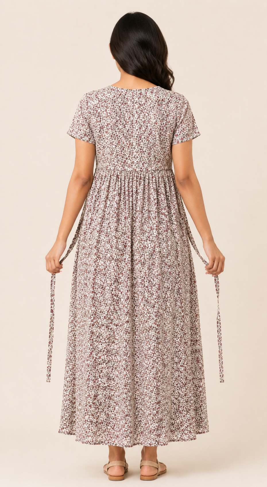 Ladie's Knitted Fabric Cream Floral Print Feeding Kurti with Gathered Waist & Side Tie-Up