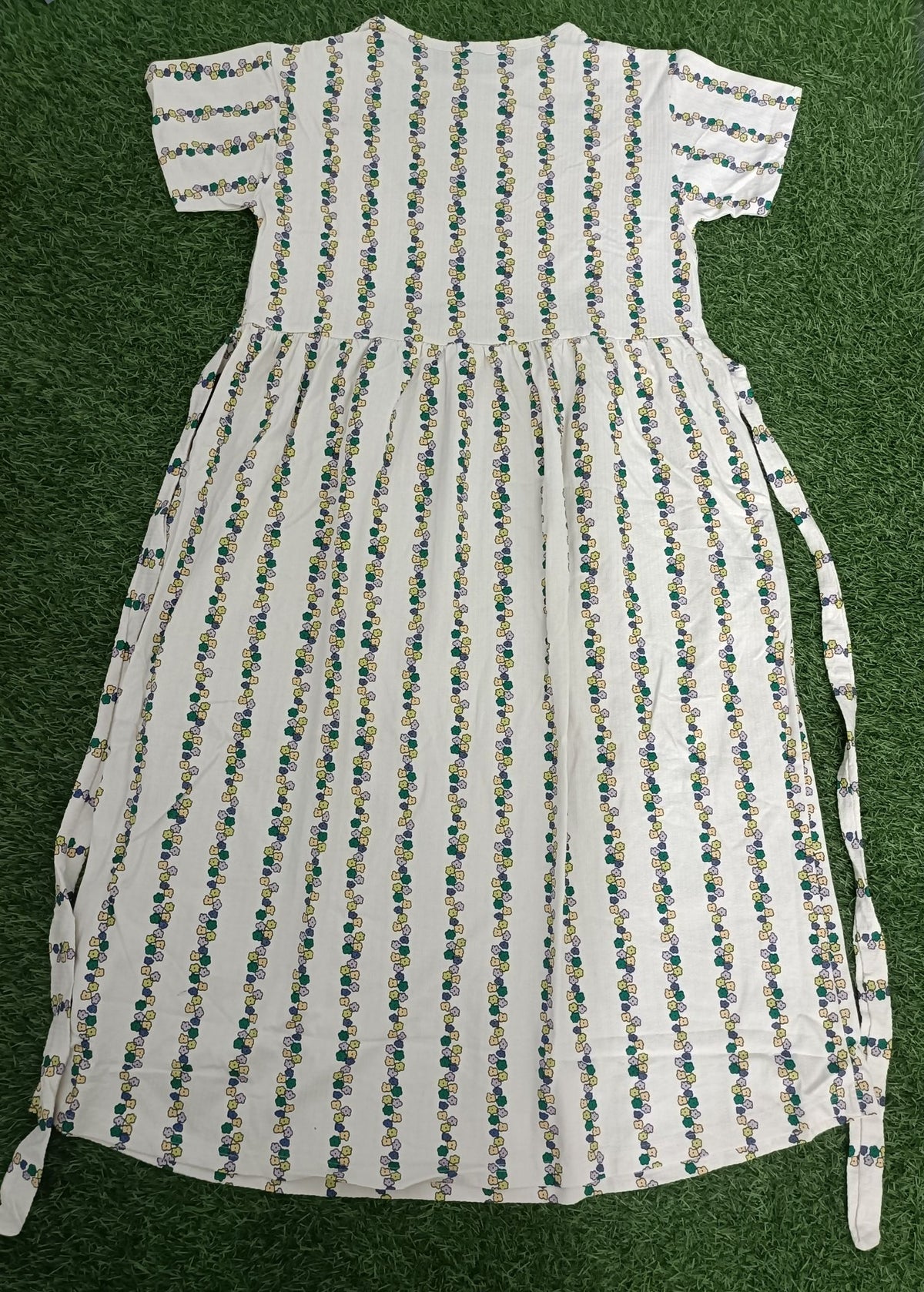 Ladie's Knitted Fabric Off-White Floral Stripe Printed Feeding Kurti / Maternity Nighty with Side Tie-Up