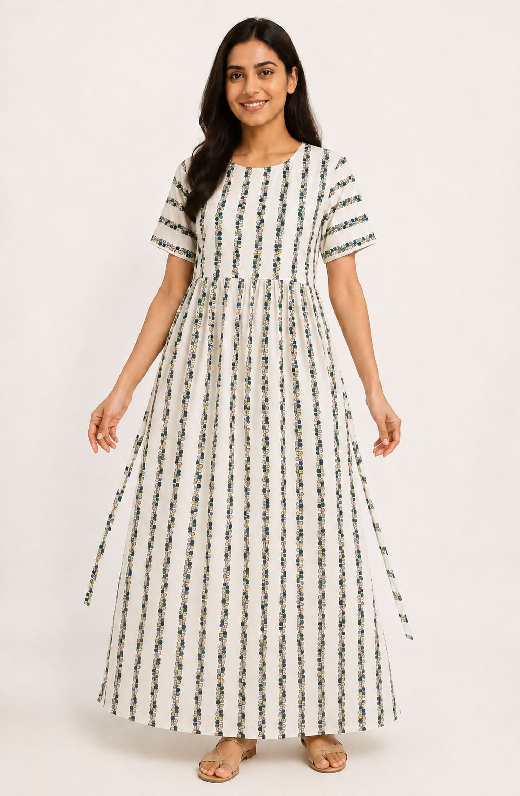 Ladie's Knitted Fabric Off-White Floral Stripe Printed Feeding Kurti / Maternity Nighty with Side Tie-Up