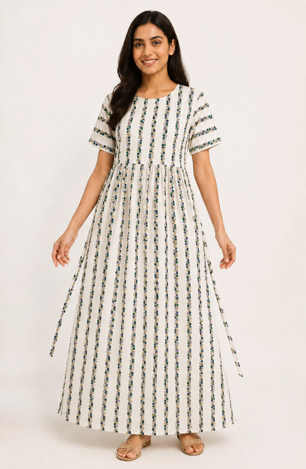 Ladie's Knitted Fabric Off-White Floral Stripe Printed Feeding Kurti / Maternity Nighty with Side Tie-Up