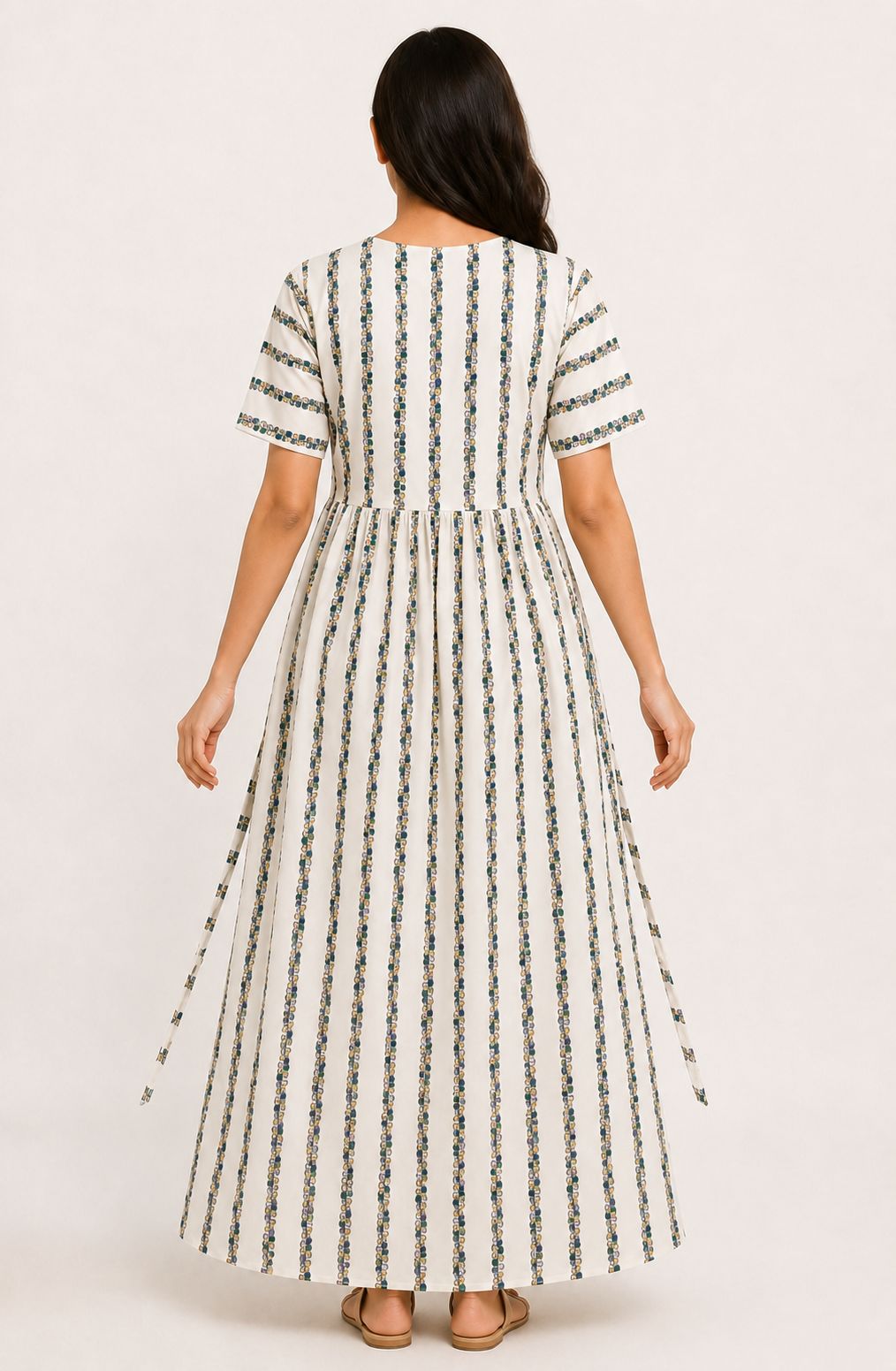 Ladie's Knitted Fabric Off-White Floral Stripe Printed Feeding Kurti / Maternity Nighty with Side Tie-Up