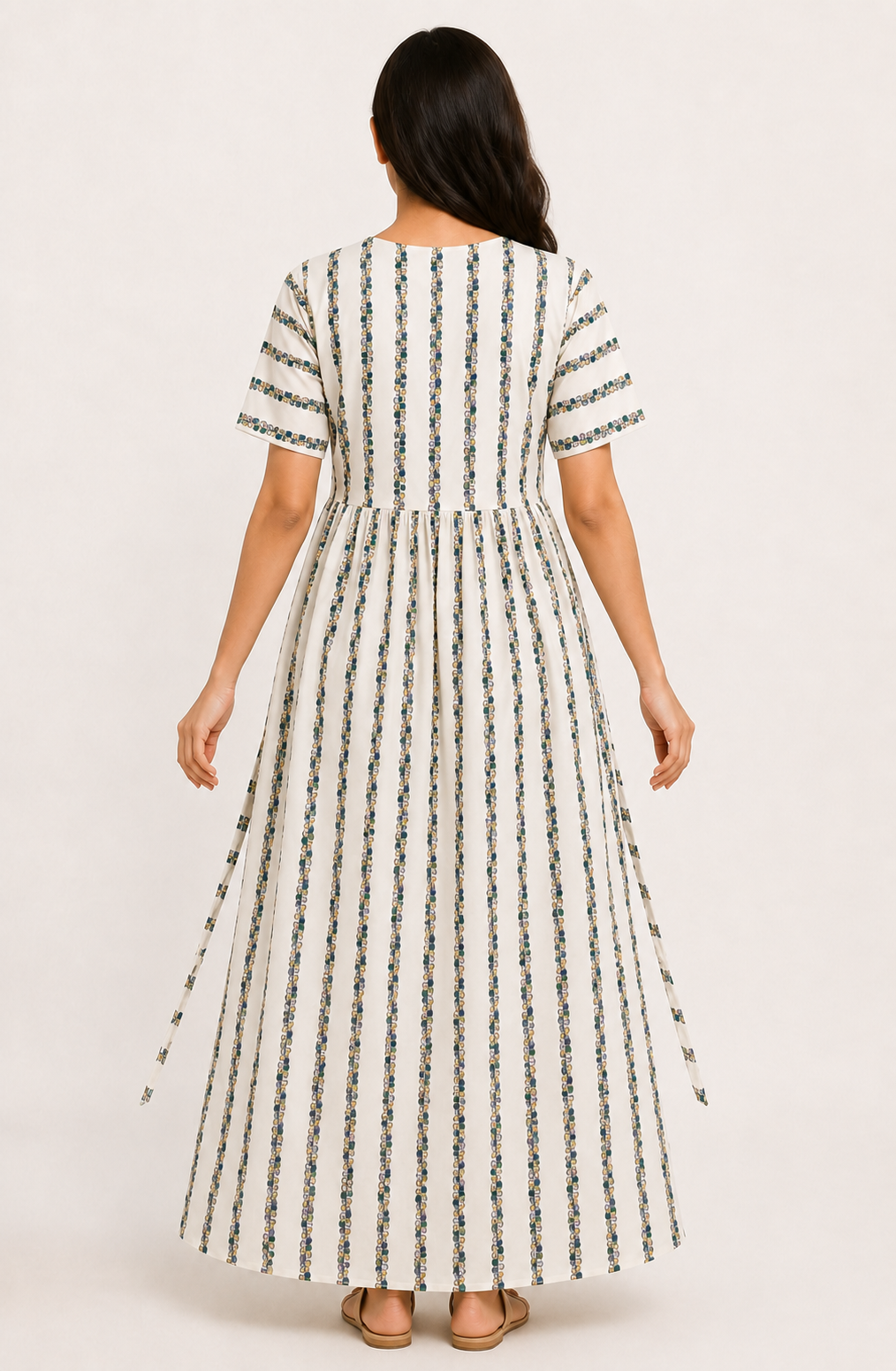 Ladie's Knitted Fabric Off-White Floral Stripe Printed Feeding Kurti / Maternity Nighty with Side Tie-Up