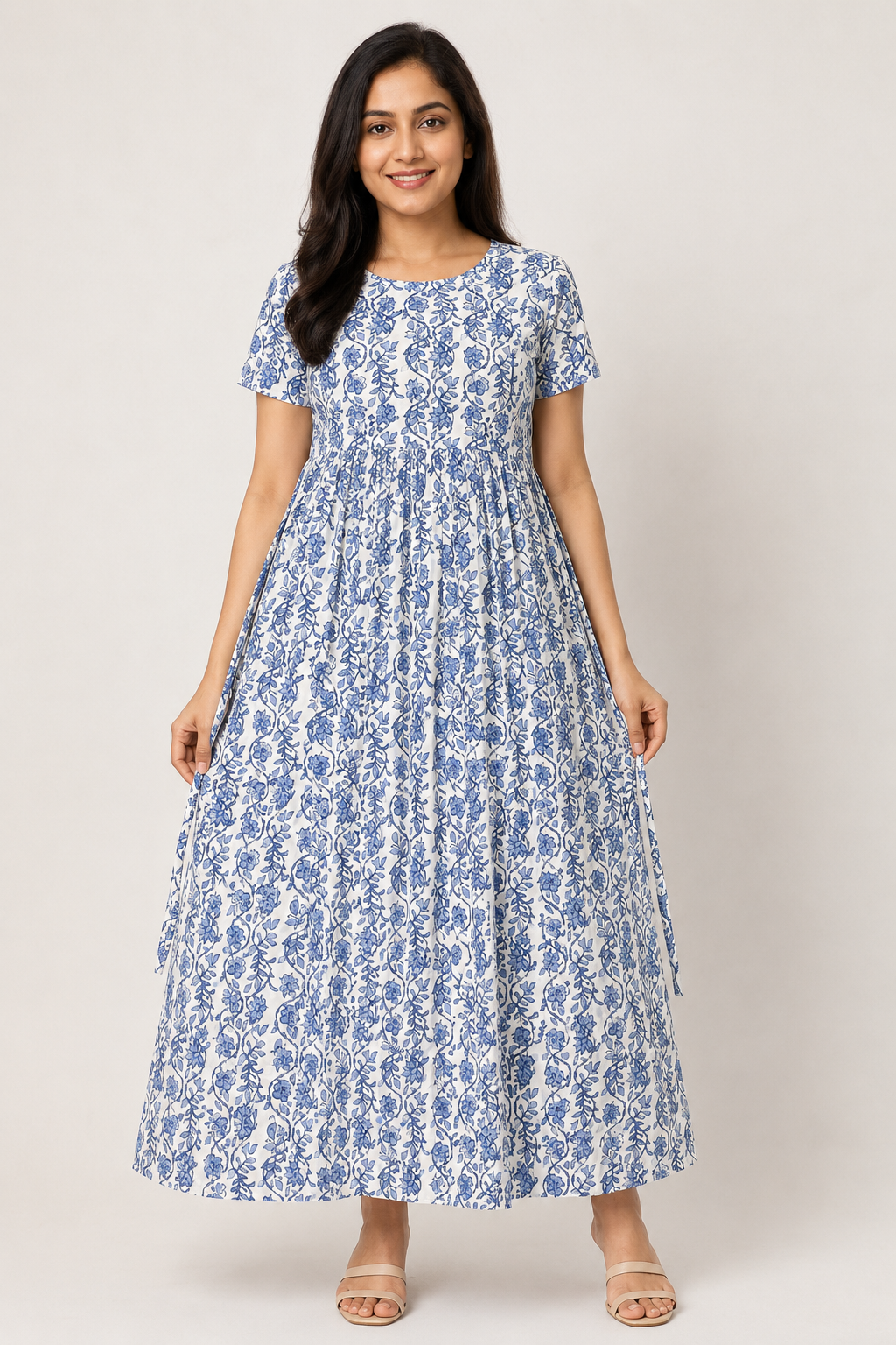 Ladie's Knitted Fabric Off-White & Blue Floral Printed Feeding Kurti / Maternity Nighty with Side Tie-Up