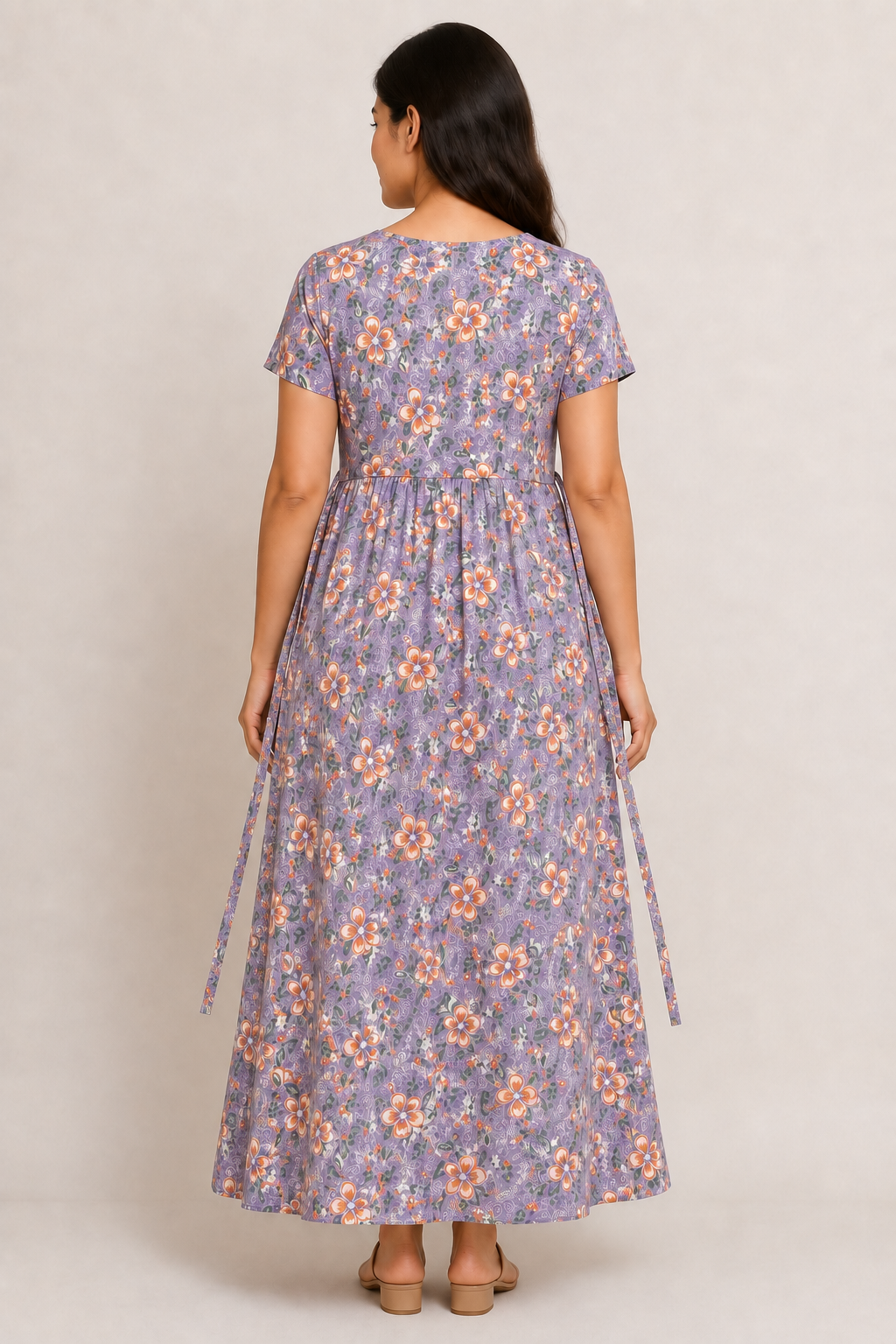 Ladie's Knitted Fabric Lavender Grey Floral Print Feeding Kurti / Maternity Nighty with Side Tie-Up & Nursing Access