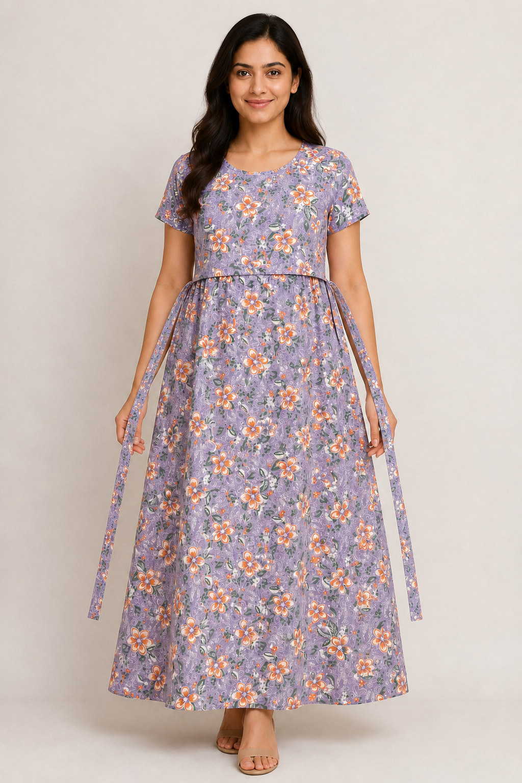 Ladie's Knitted Fabric Lavender Grey Floral Print Feeding Kurti / Maternity Nighty with Side Tie-Up & Nursing Access