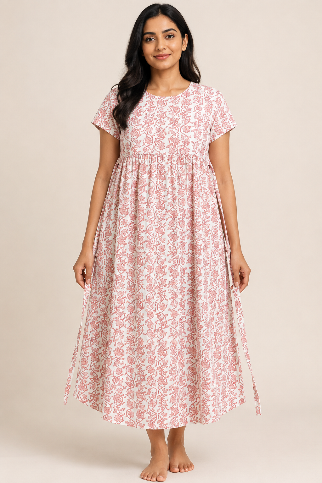 Ladie's Knitted Fabric Off-White & Dusty Peach Floral Print Feeding Kurti / Maternity Nighty with Concealed Nursing Access