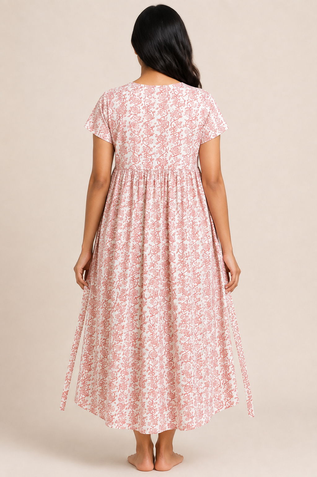 Ladie's Knitted Fabric Off-White & Dusty Peach Floral Print Feeding Kurti / Maternity Nighty with Concealed Nursing Access