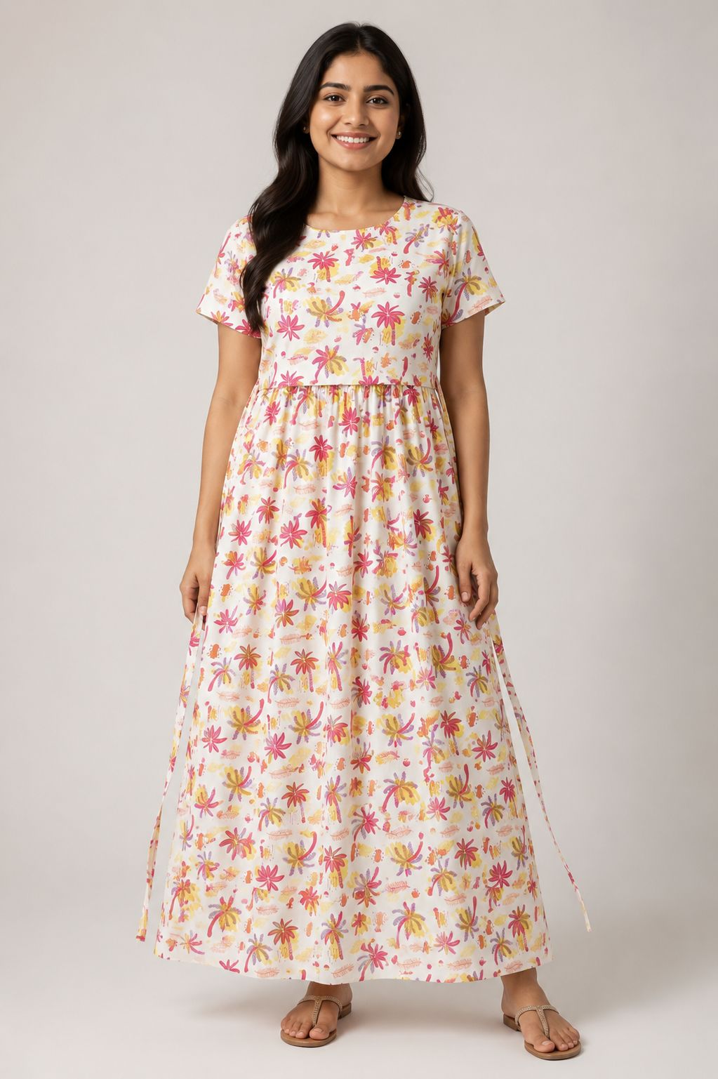 Ladie's Knitted Fabric White Multicolour Tropical Print Feeding Kurti with Gathered Waist & Side Tie-Up