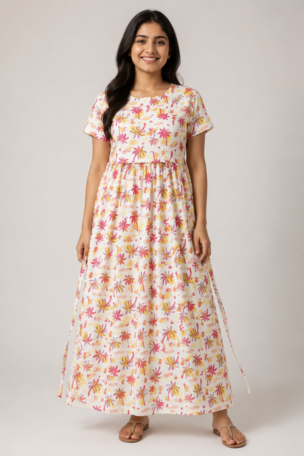 Ladie's Knitted Fabric White Multicolour Tropical Print Feeding Kurti with Gathered Waist & Side Tie-Up