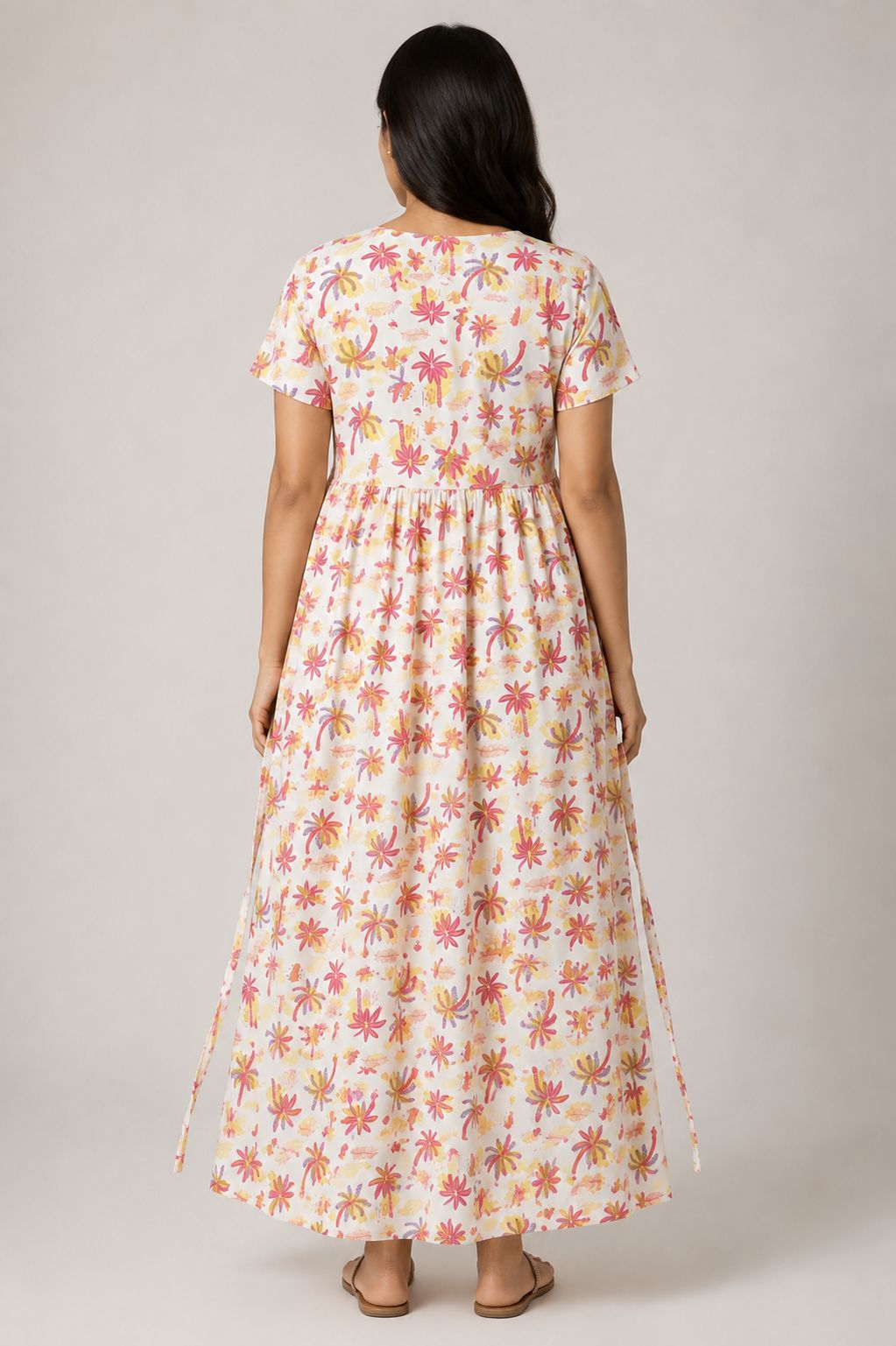 Ladie's Knitted Fabric White Multicolour Tropical Print Feeding Kurti with Gathered Waist & Side Tie-Up