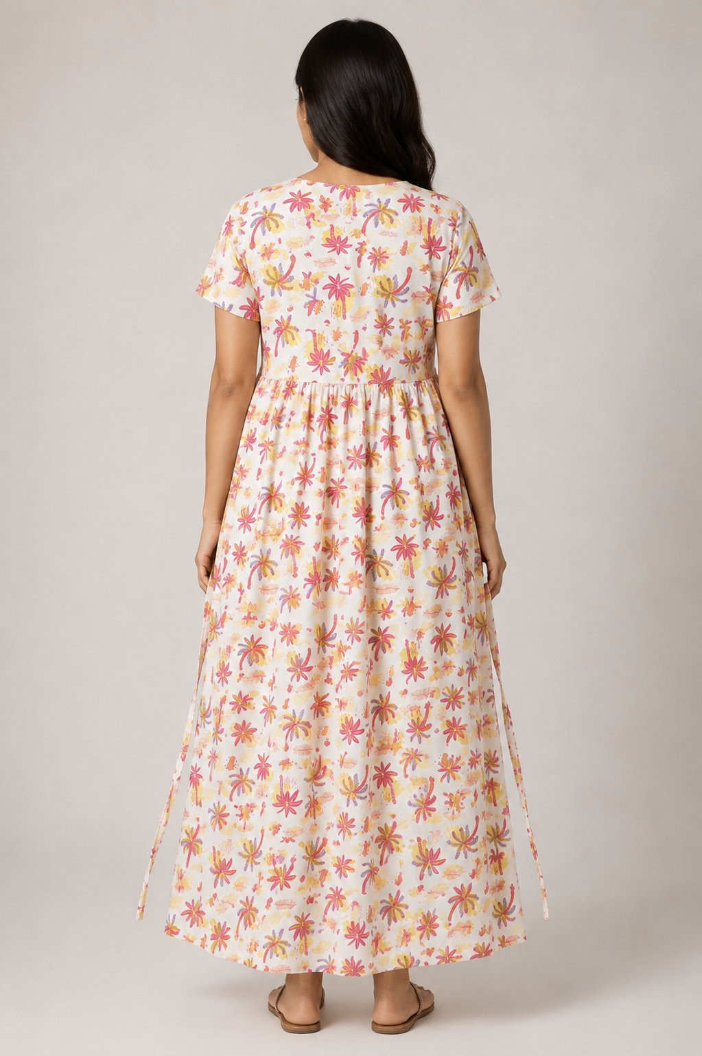 Ladie's Knitted Fabric White Multicolour Tropical Print Feeding Kurti with Gathered Waist & Side Tie-Up