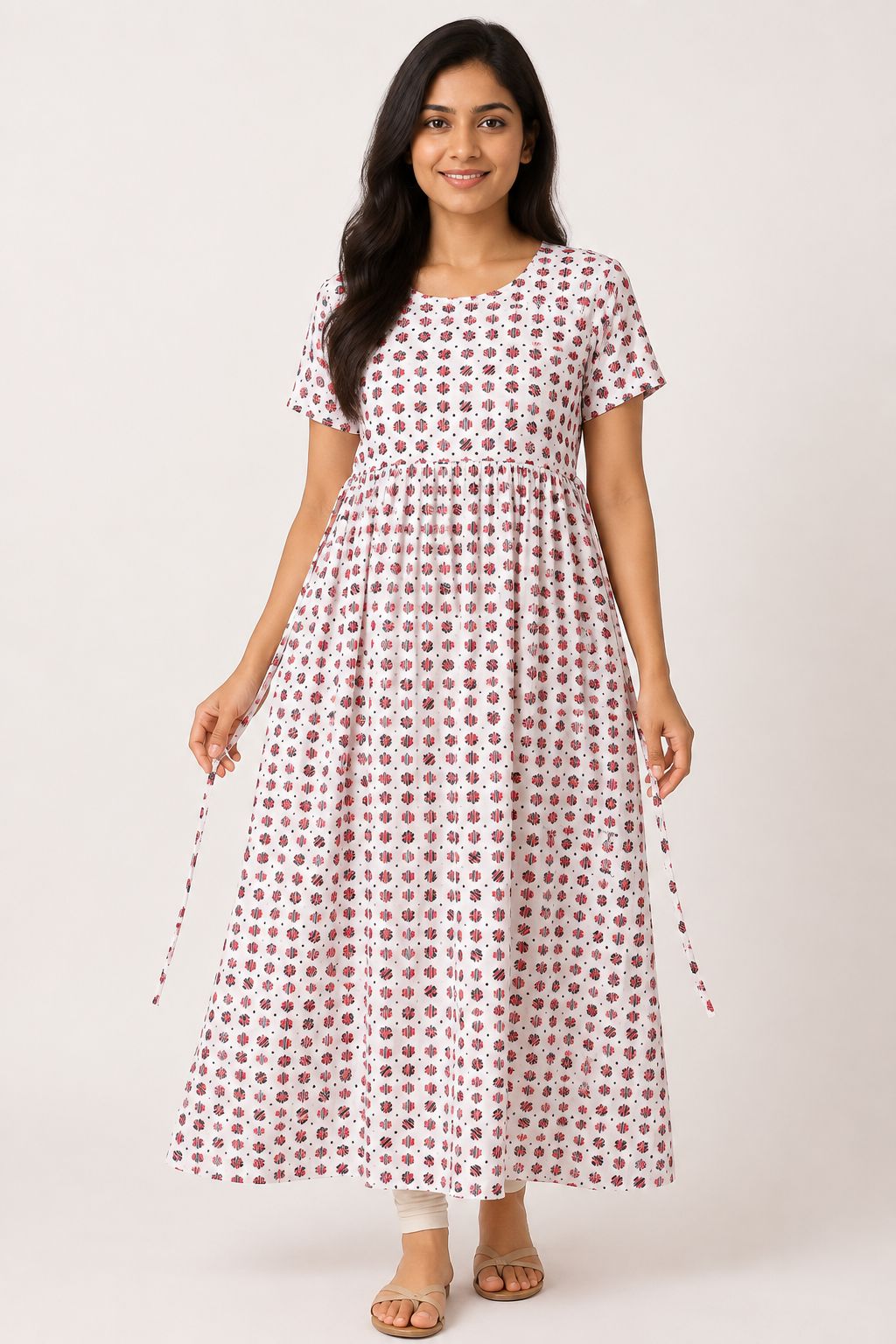 Ladie's Knitted Fabric White Red & Black Geometric Print Feeding Kurti / Maternity Nighty with Concealed Nursing Access