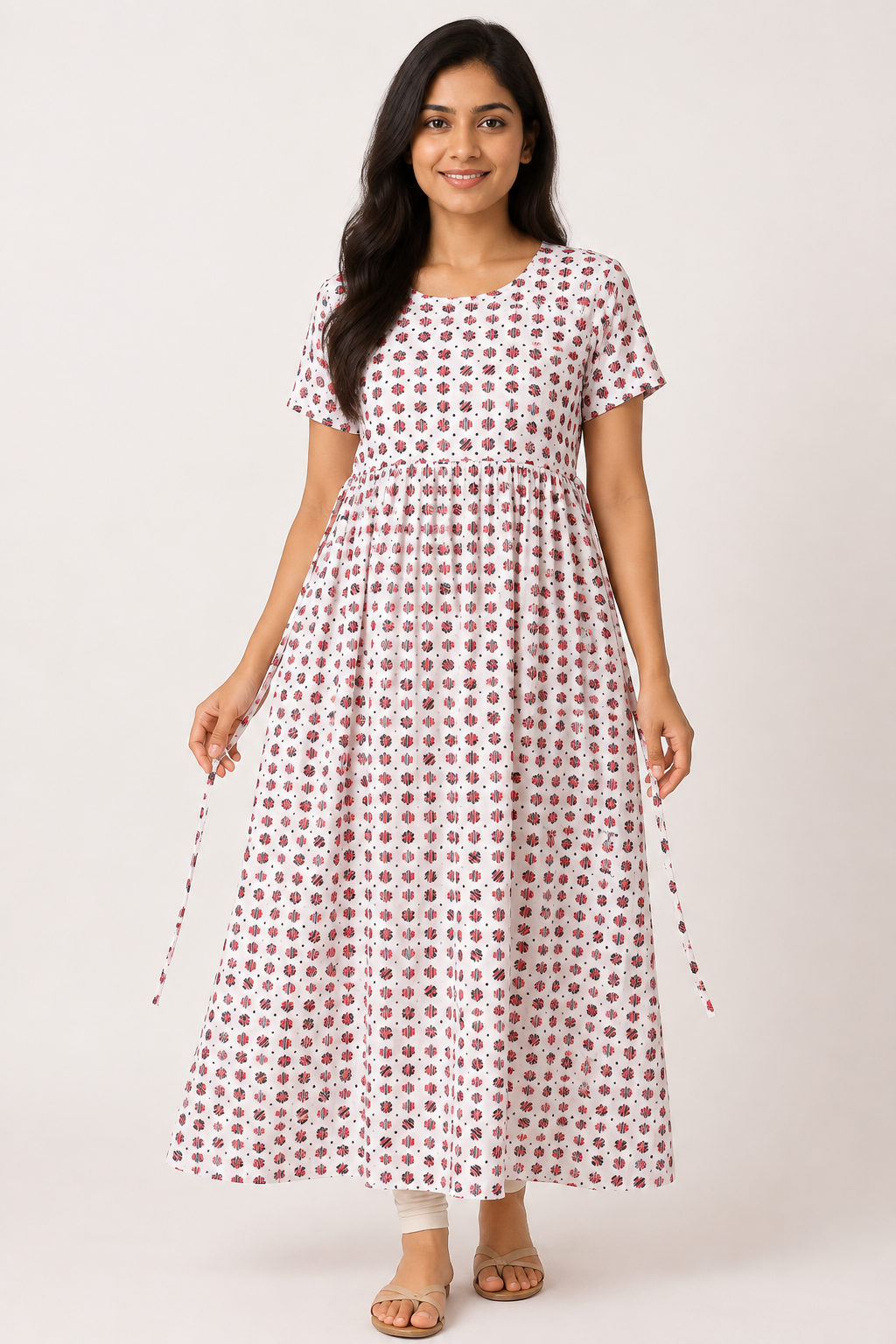 Ladie's Knitted Fabric White Red & Black Geometric Print Feeding Kurti / Maternity Nighty with Concealed Nursing Access