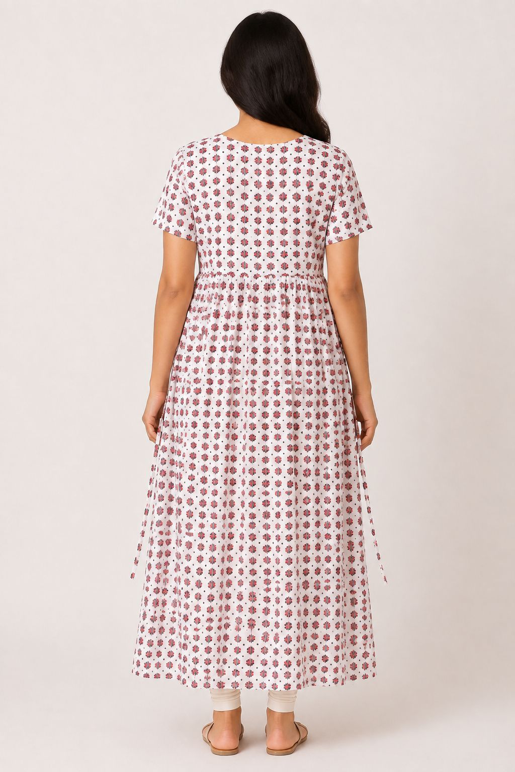 Ladie's Knitted Fabric White Red & Black Geometric Print Feeding Kurti / Maternity Nighty with Concealed Nursing Access