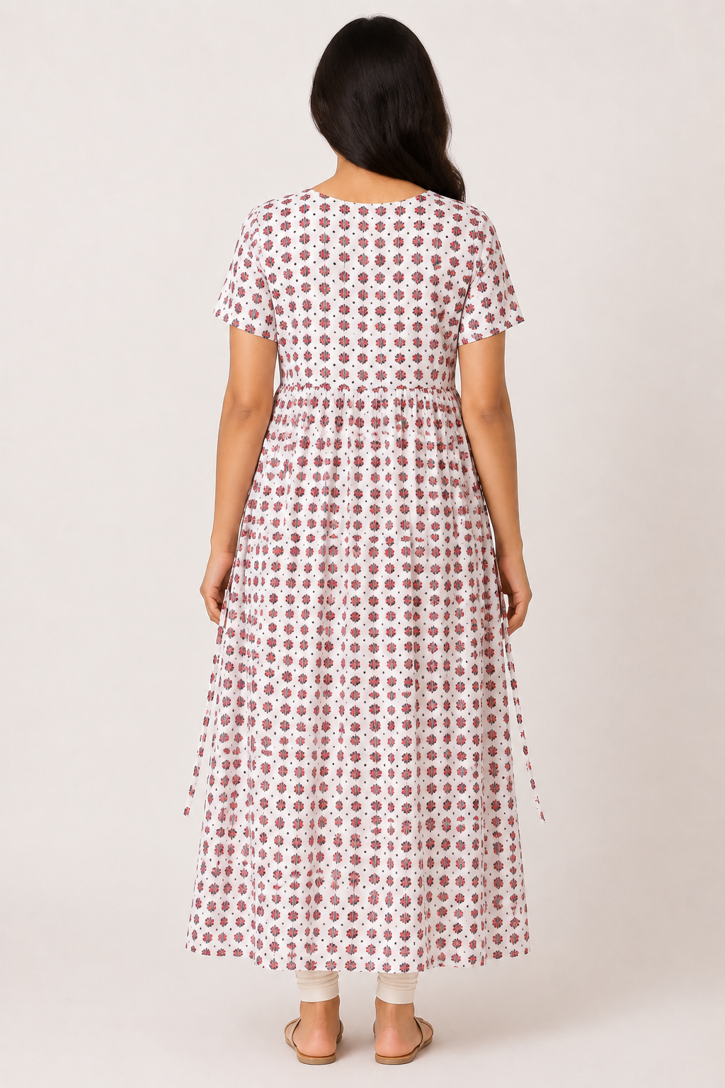 Ladie's Knitted Fabric White Red & Black Geometric Print Feeding Kurti / Maternity Nighty with Concealed Nursing Access